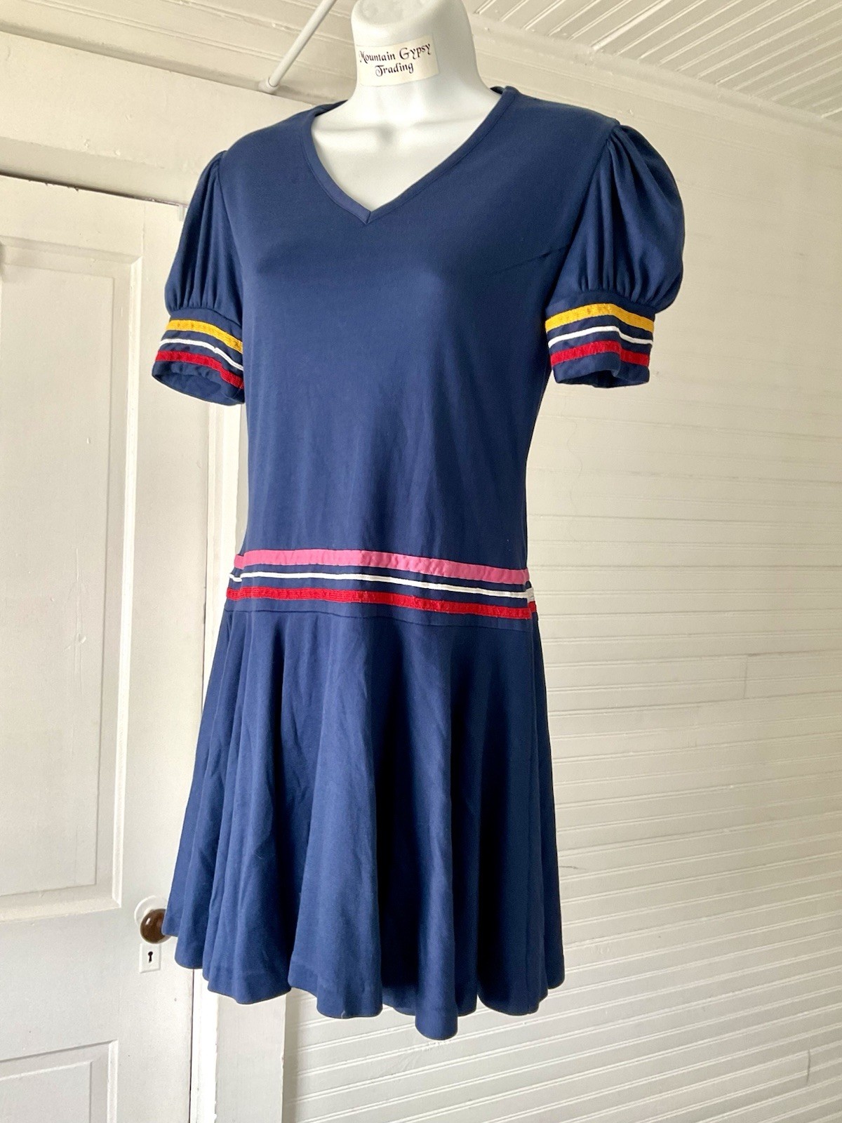 Vintage Sears Jr Bazaar Navy Blue Mod GoGo Sailor Dress Drop Waist Circa 1970’s