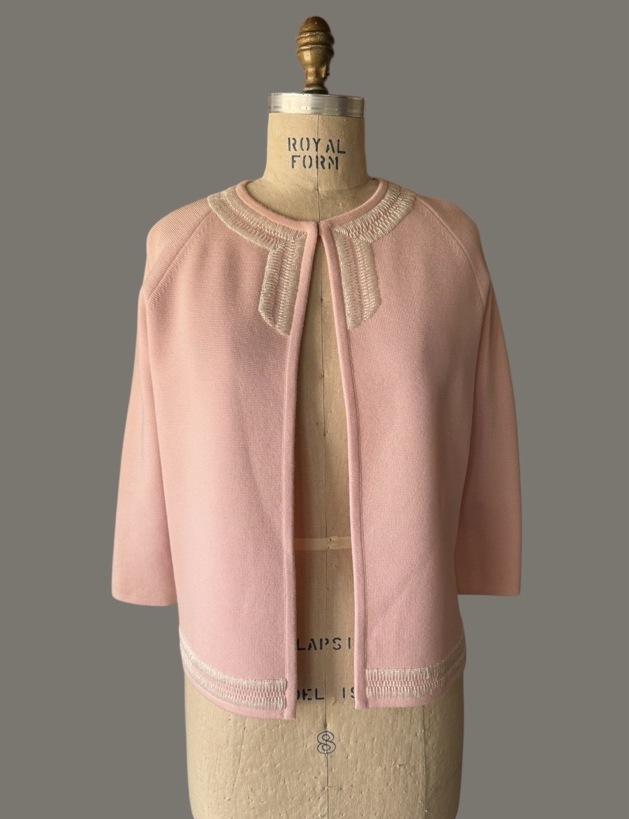 Vintage 1960s PINK Dorce for LeRoy 100% Wool Knit Open Cardigan Beaded Sweater