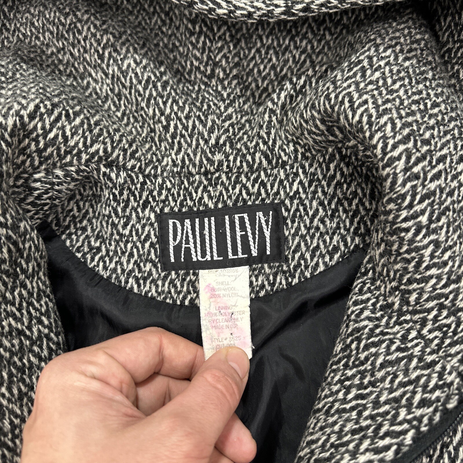 Vintage Paul Levy Wool Hooded Jacket Coat Full Zip Grey Black Herringbone Small