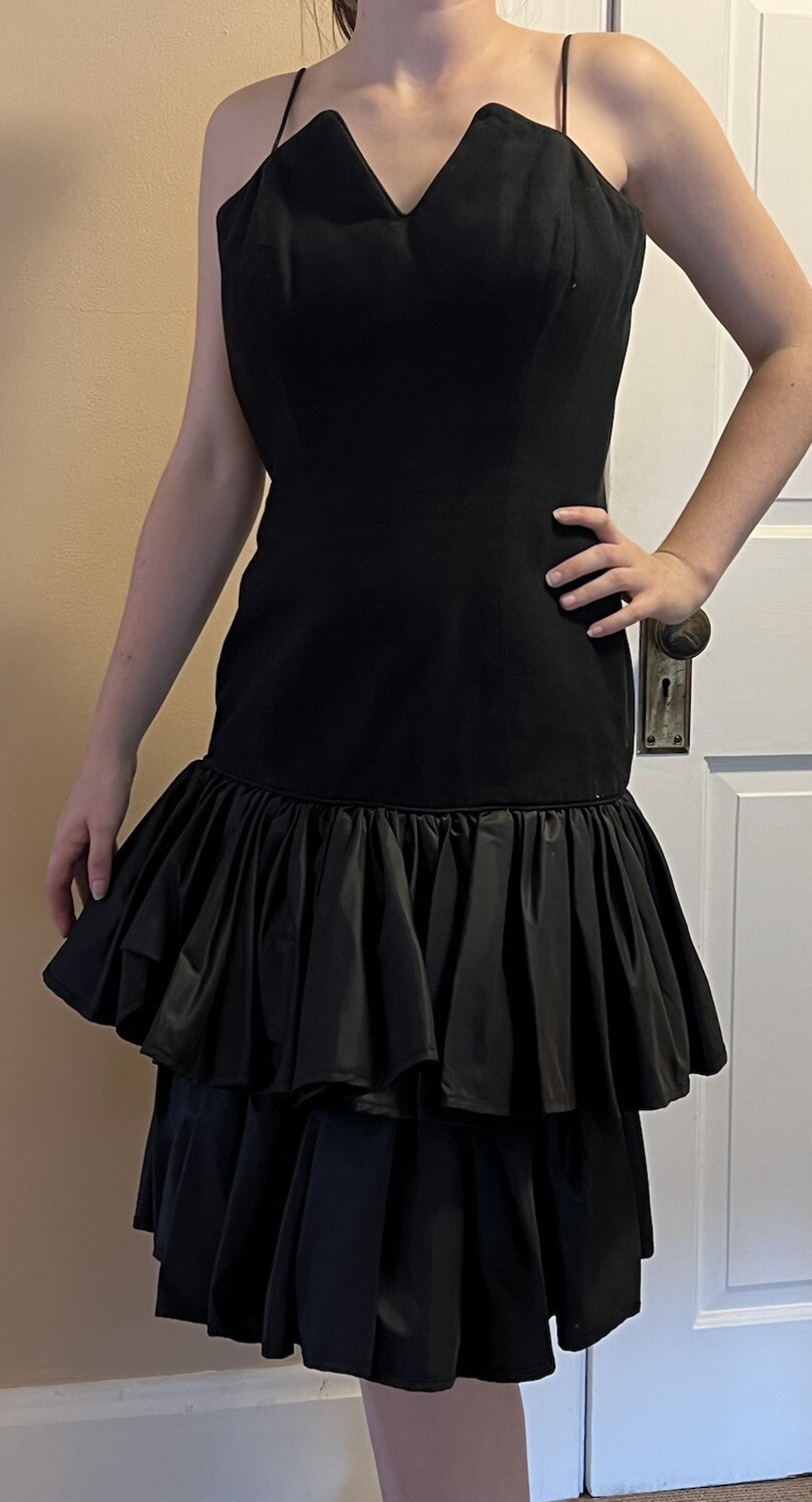 Vintage 80s Barboglio Cristina Jan Black Drop Waist Taffeta Dress Size Medium
