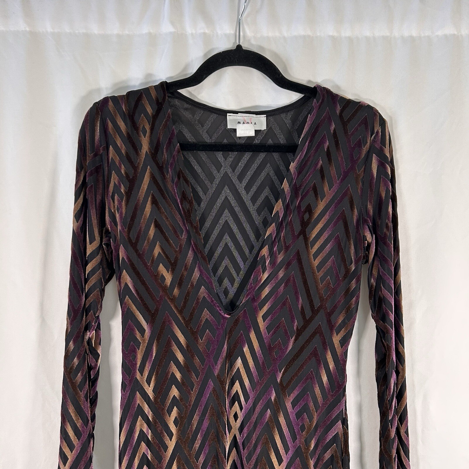 Vintage Magia USA Midi Dress Women’s Large Purple Semi Sheer Vneck Long Sleeve