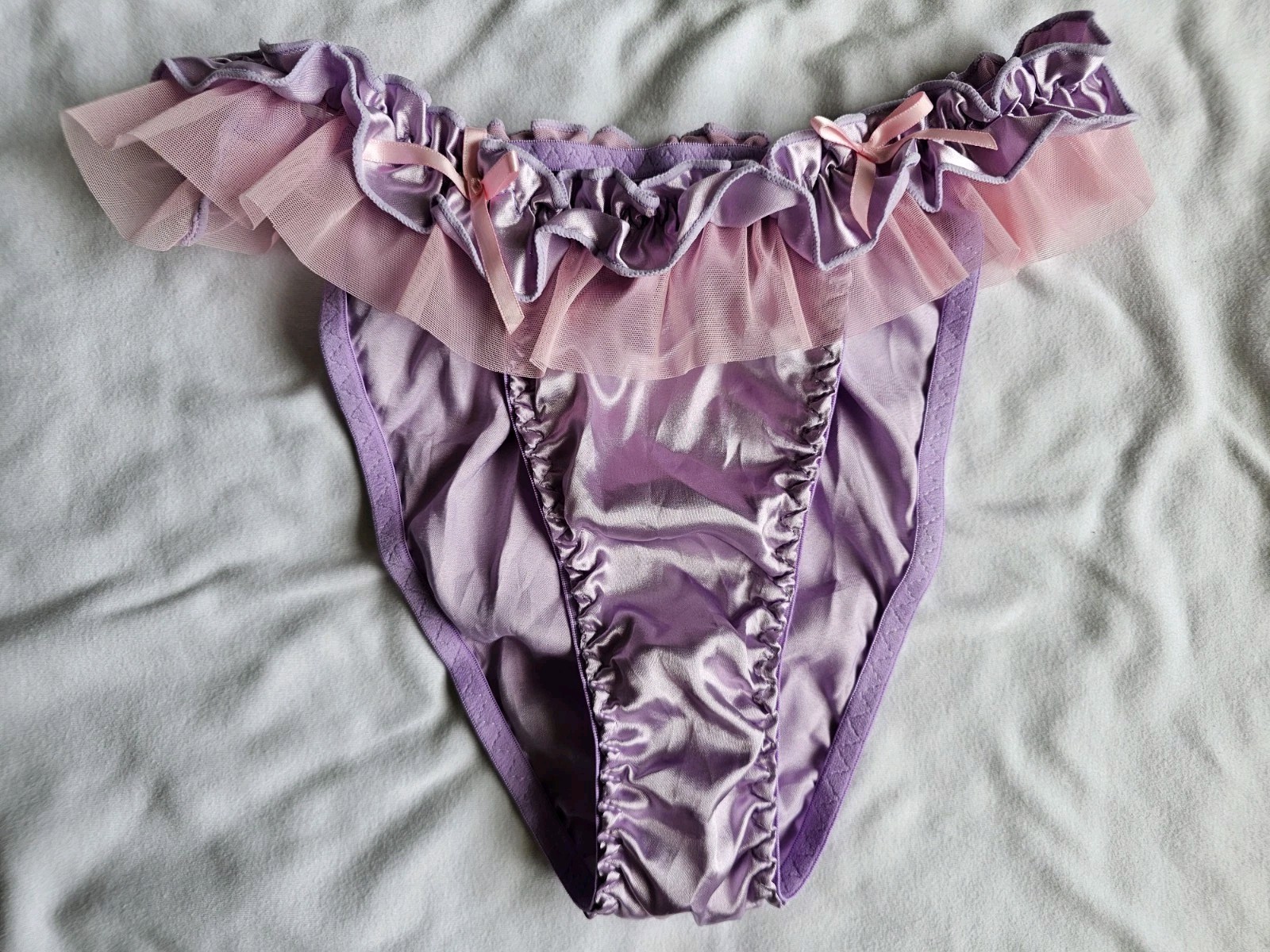 Vintage Girly Glossy Satin String Bikini Panties. Size Large