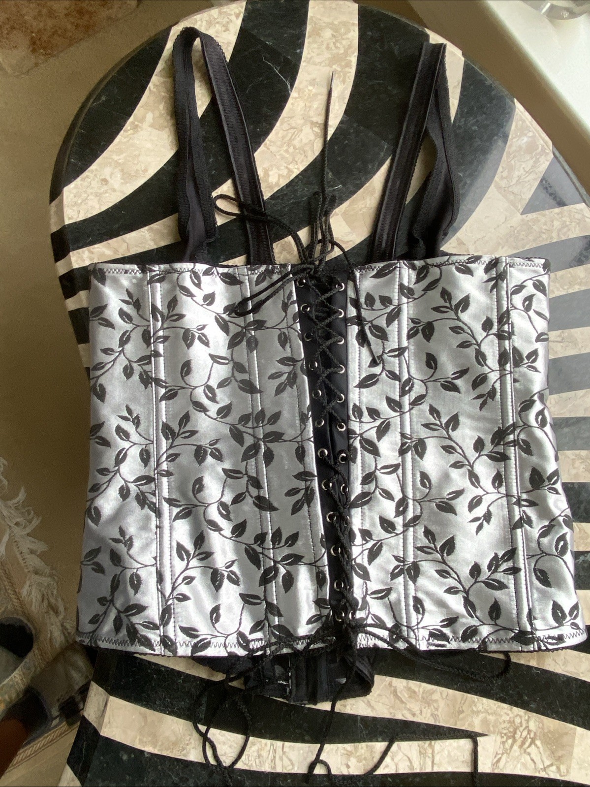 Vintage Corset Top 90s Black Silver Coquette Floral Lace Up Fairy Size 38 Large
