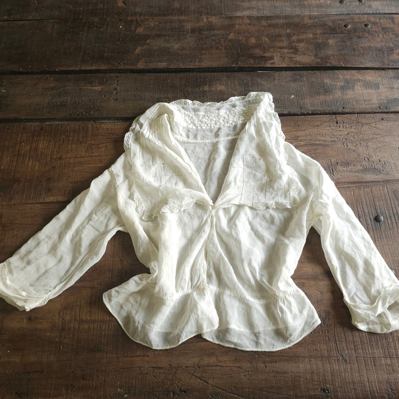 Antique Edwardian White Cotton Lawn Blouse Sailor Collar Lace Peplum Top 1900s