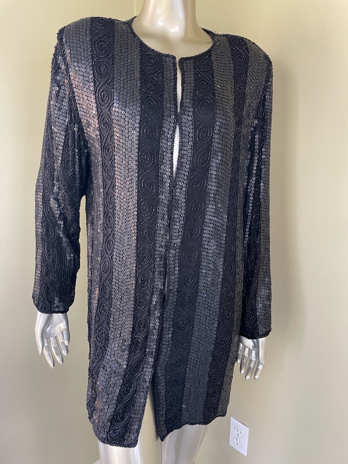 Vintage Jewel Queen Black Beaded Sequin Silk Long Jacket Duster Sz S NWT