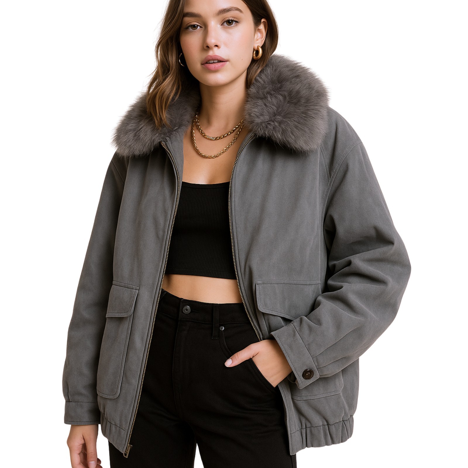 Vintage 80s – 90s Microsuede Fox Fur Collar Oversize Insulated Coat Sz Med