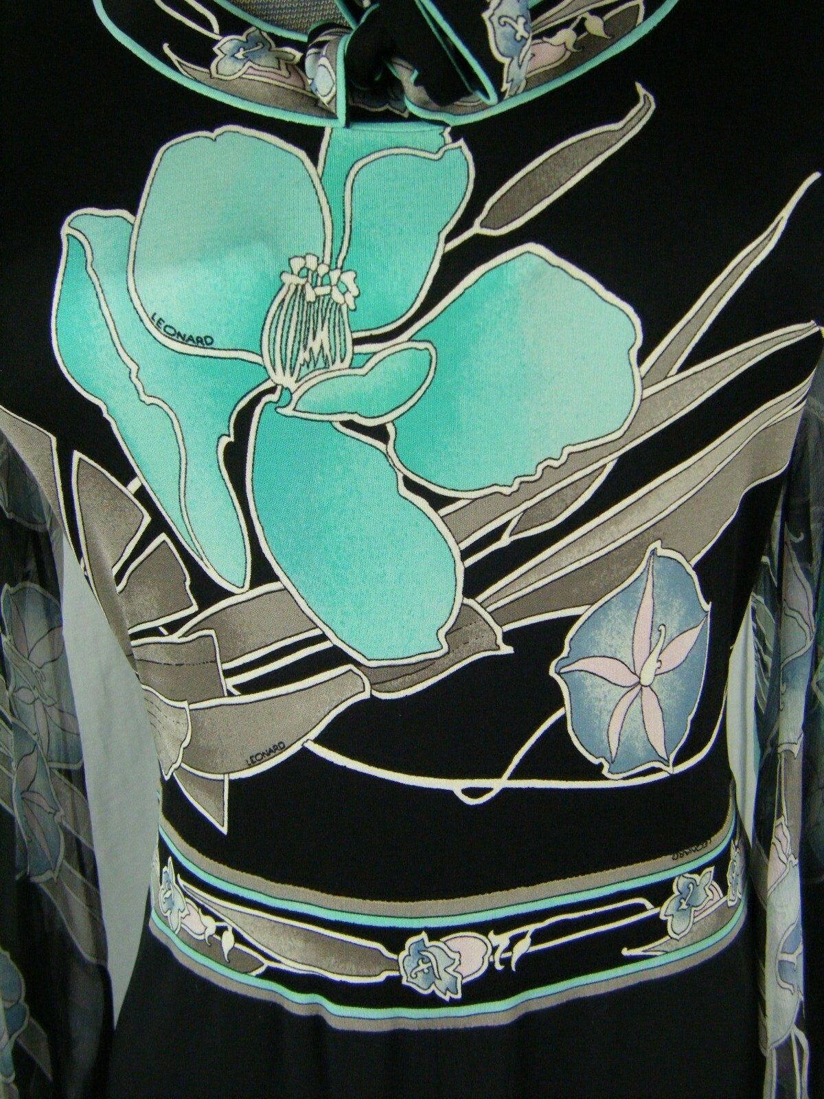 LEONARD PARIS Vtg 60s Green Black Silk Knit Chiffon Sleeve Dress-Bust 30-36/XS-S