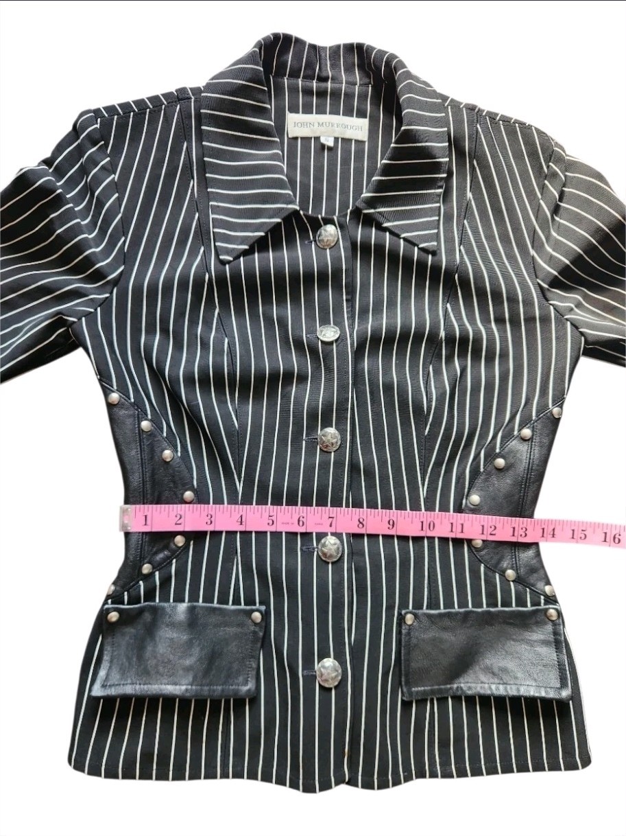 John Murrough Vtg Black Pinstripe Studded Leather Blazer Womens Size Small USA