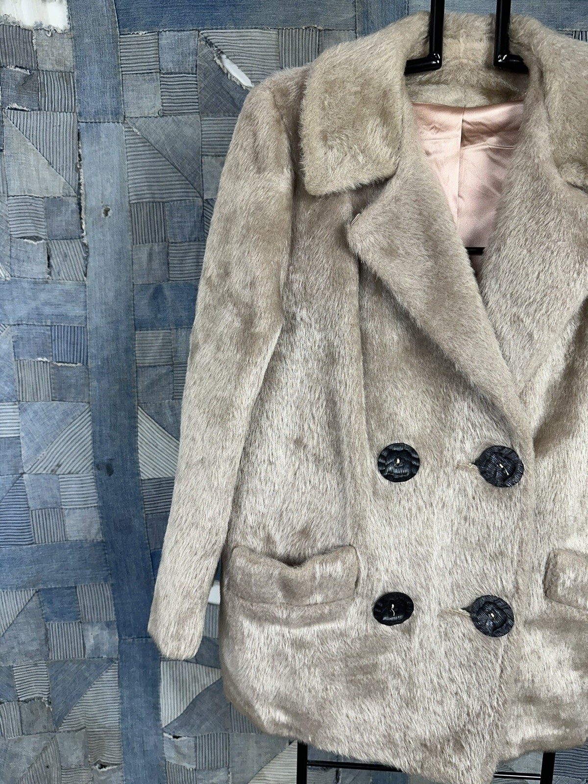 60s VINTAGE Faux Fur Pea Coat Wood Buttons Size Small Gorgeous