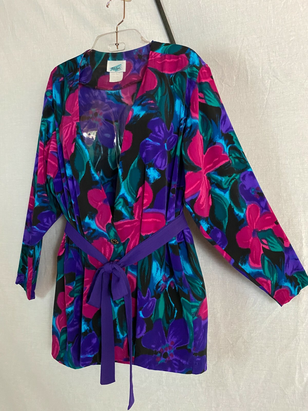 Vtg 80s S G Sport Jacket Top Floral Black Purple Magenta Blue Green Belted USA L