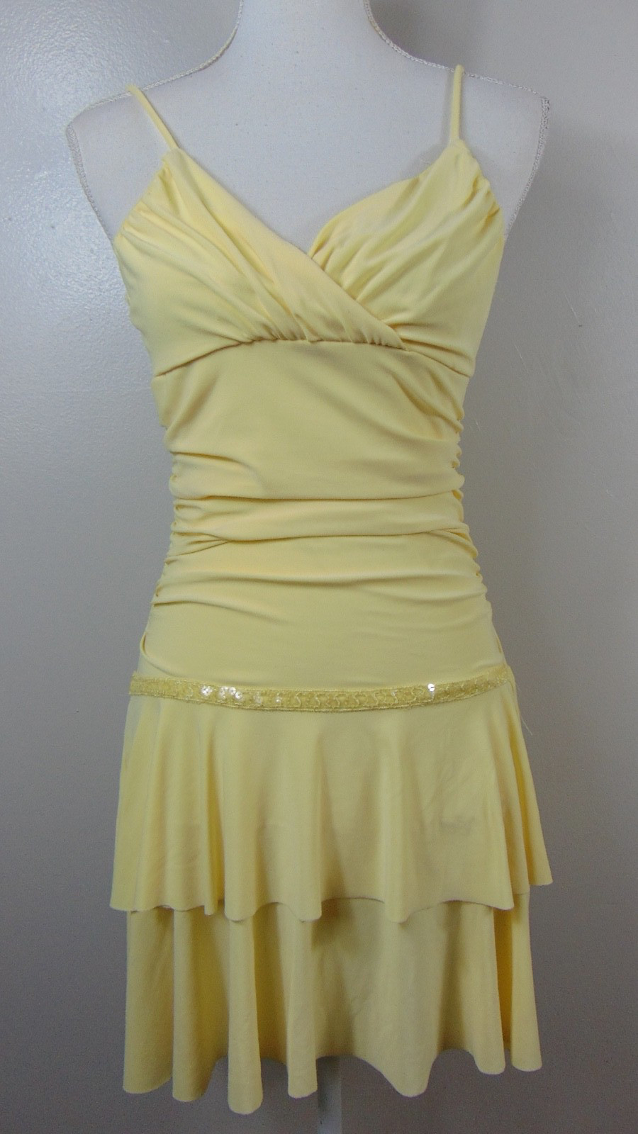 Vtg Y2K Taboo Yellow Fairycore Dress Women Medium Ruched Ruffle Sequin Prom Semi