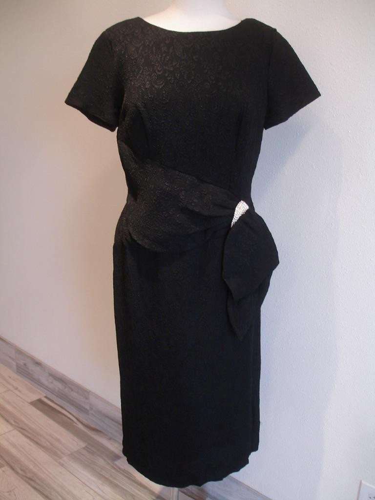 Women’s L Vtg 1940’s Black Brocade Evening Dress Rhinestone Buckle & Bow Peplum