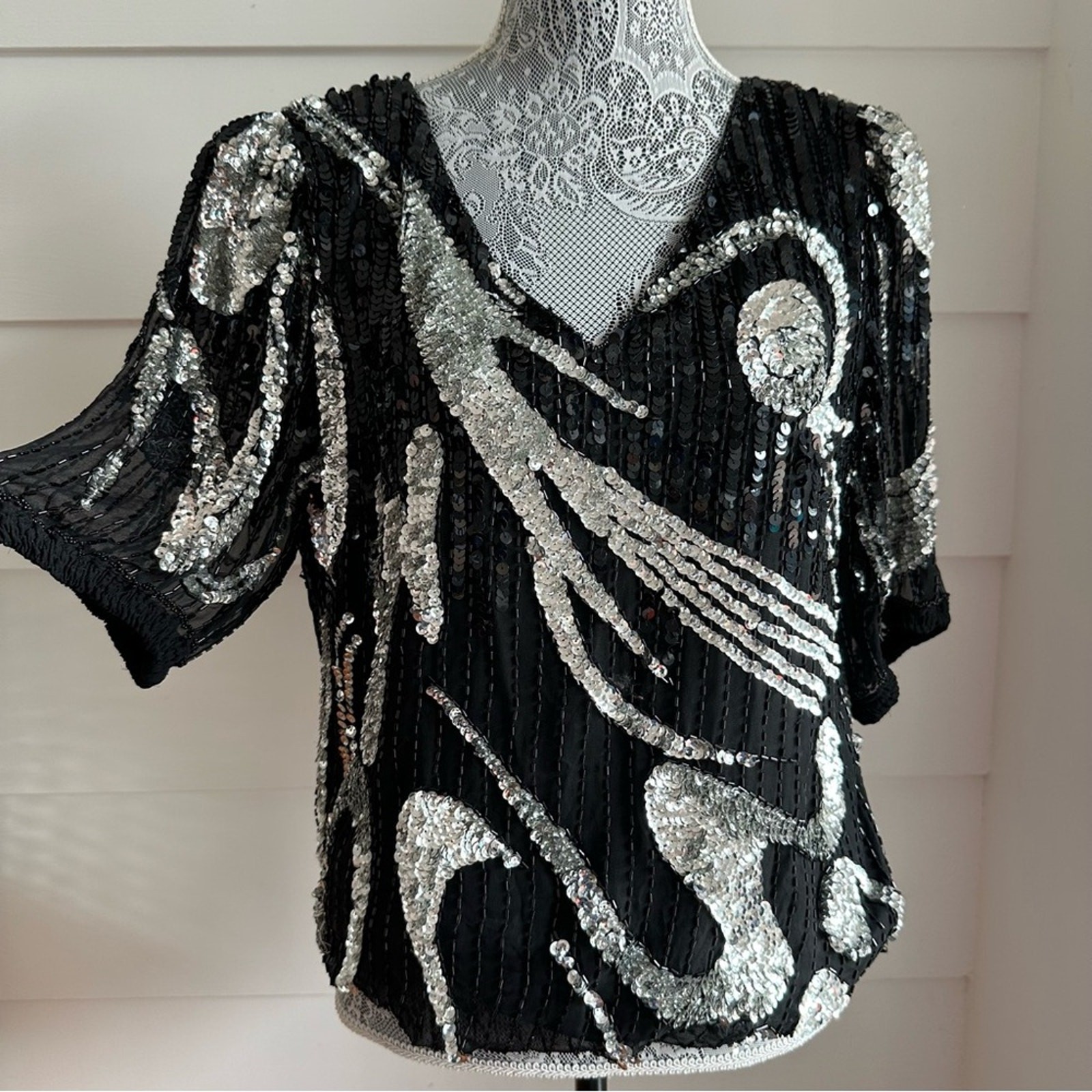 Vintage Oleg Cassini Silk Sequin and Beaded Blouse Holiday Party Festive Glam