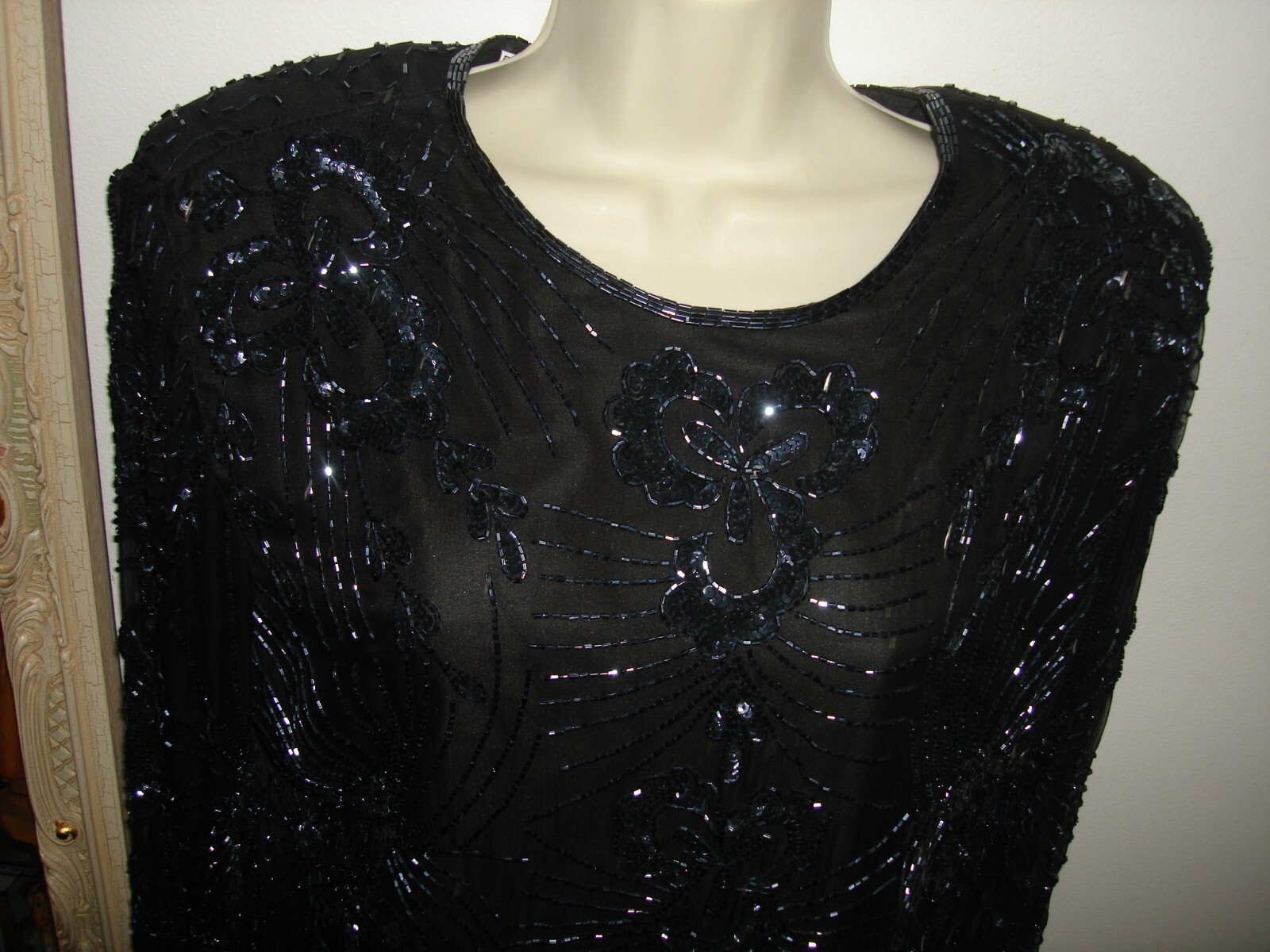 Vintage Unique Nice STENAY EVENING Black Silk Beaded Cocktail Long Sleeve Top L