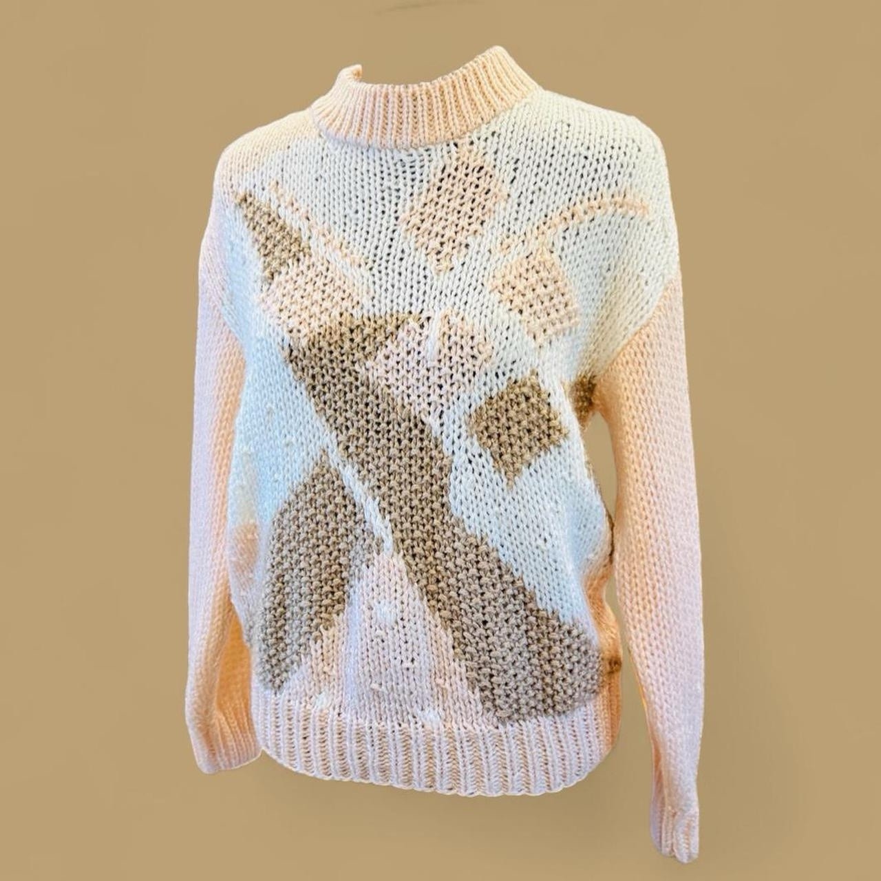 90s Cristina Sweater Large Abstract Geometric Knit Peach Pink Tan Korea Acrylic