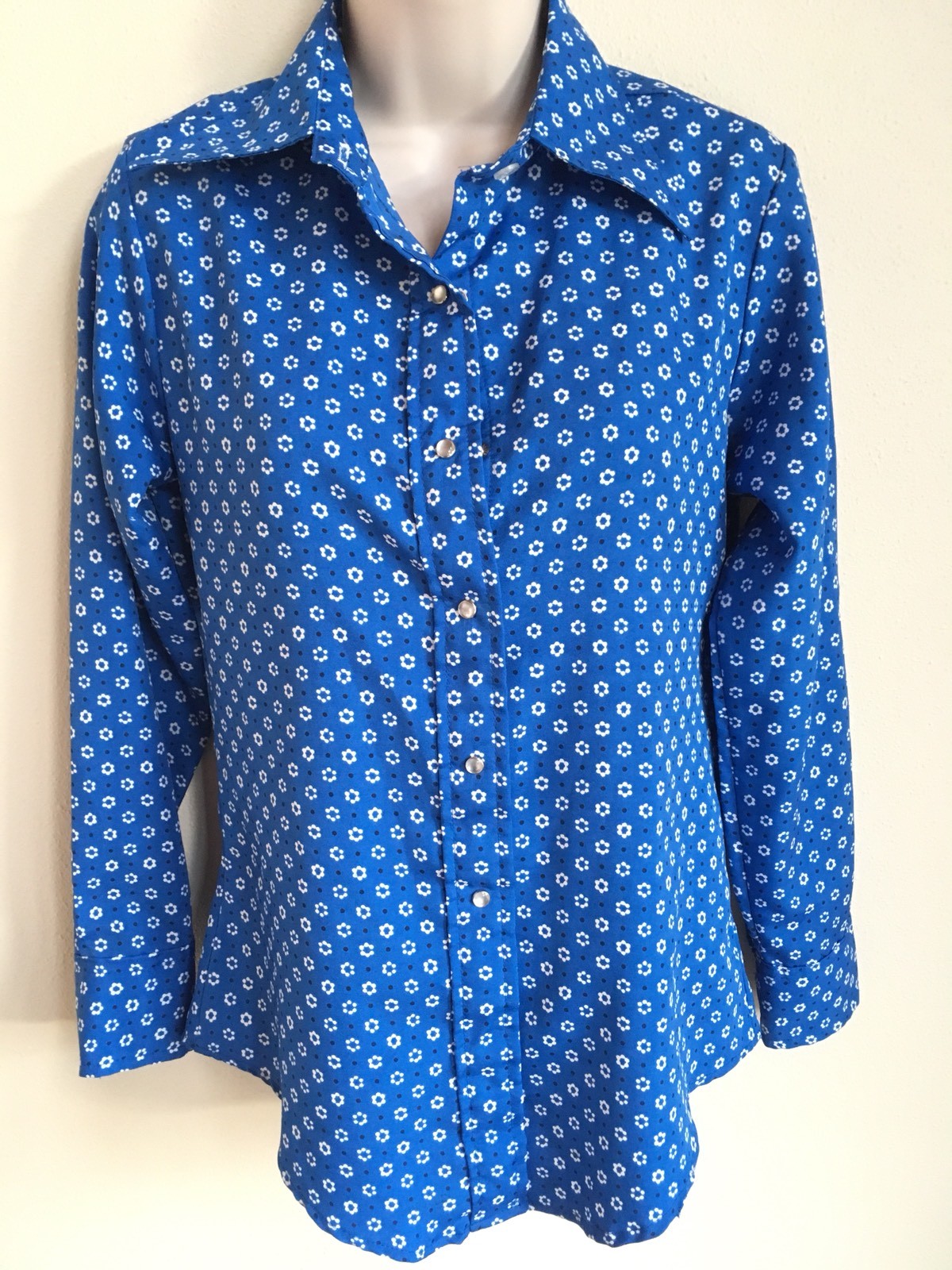 Vtg 70s Lady Lee Pearl Snap Floral Blue Western Shirt Women Size 9 10 Flower USA