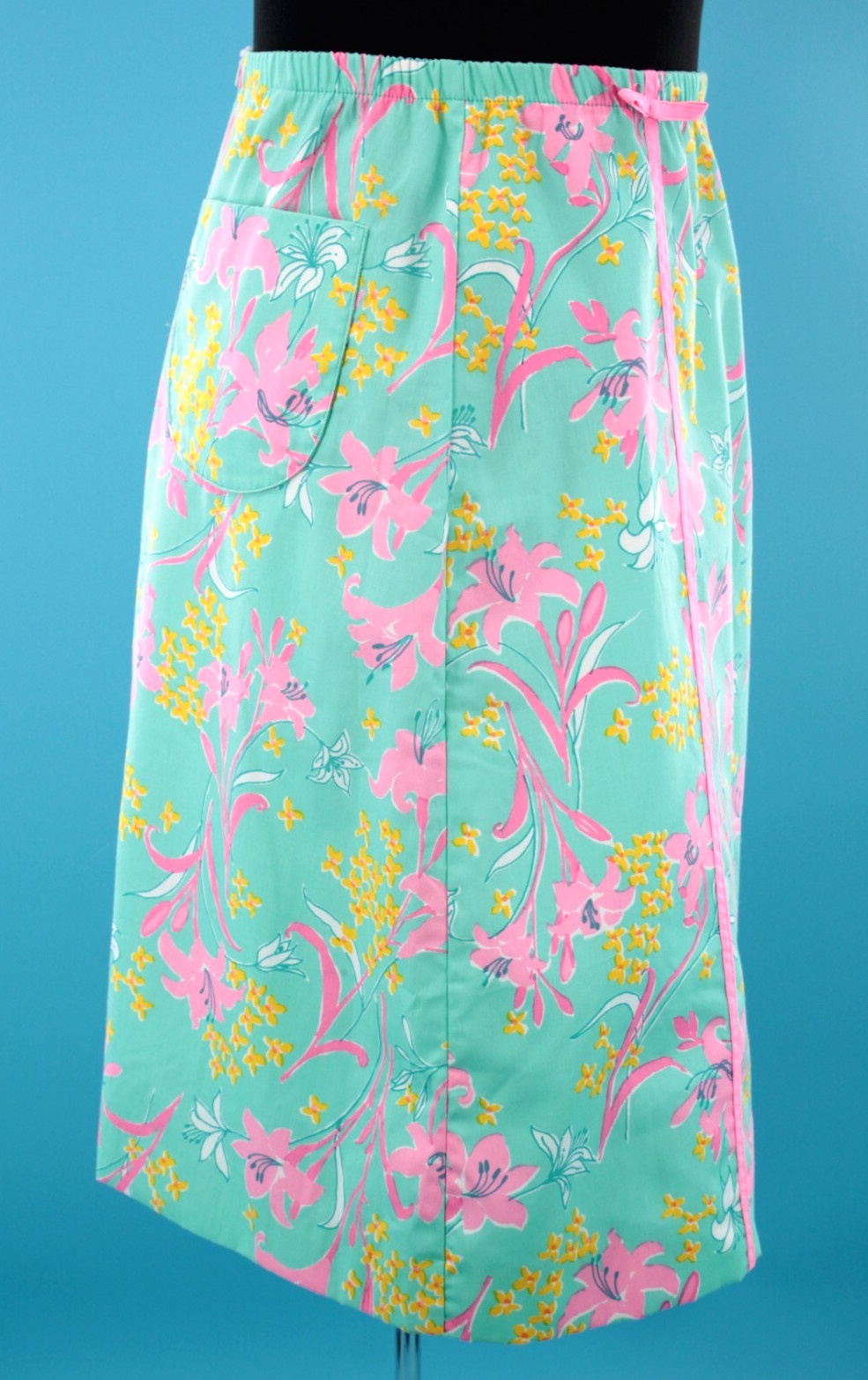 VTG Women’s 60s Teal & Pink Bow Trim Floral Print Lilly Pulitzer Skirt M/L 1960s