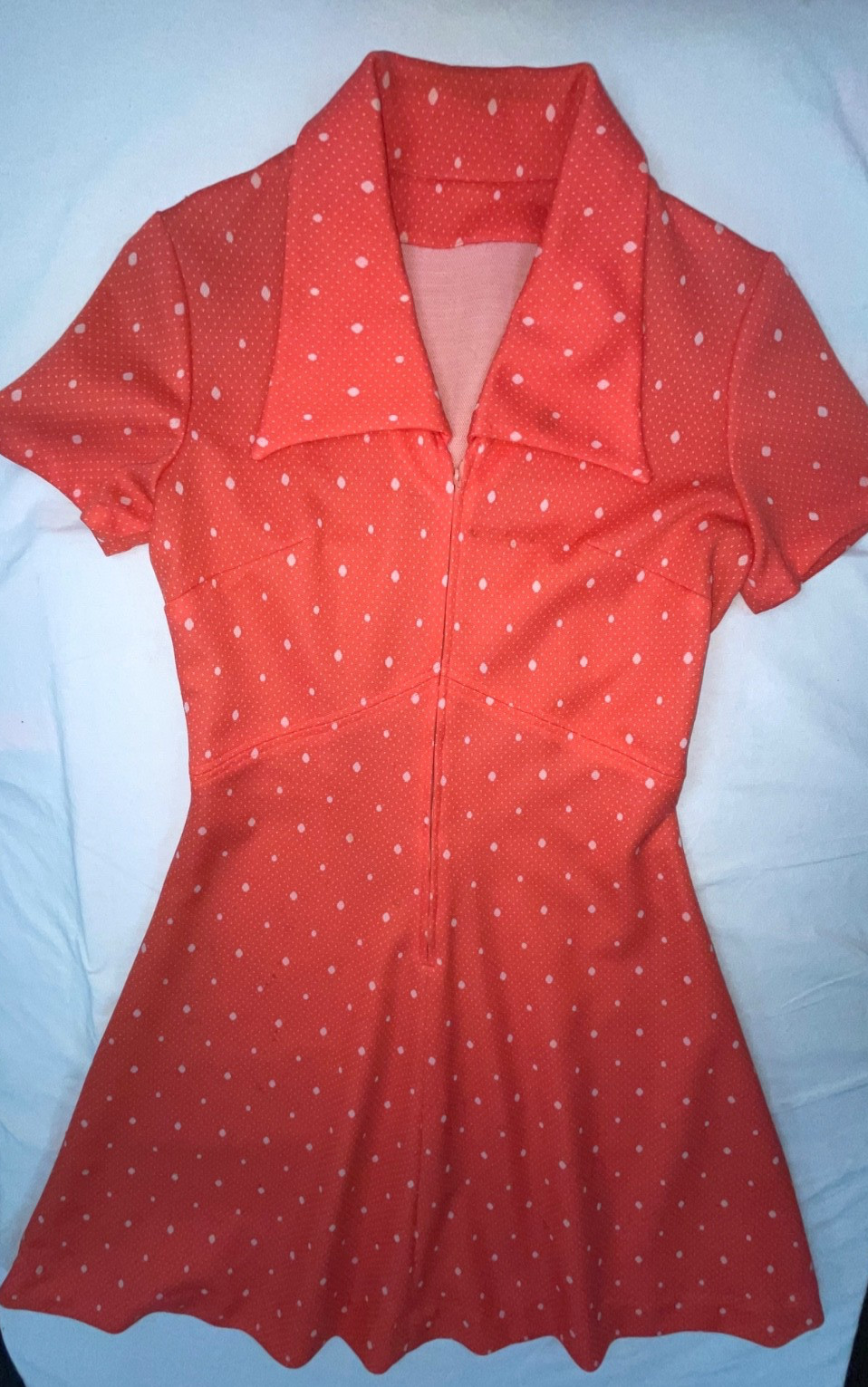 VTG 60S 70S WOMENS M POLYESTER RED POLKA DOT DISCO RETRO MOD ZIP FRONT DRESS
