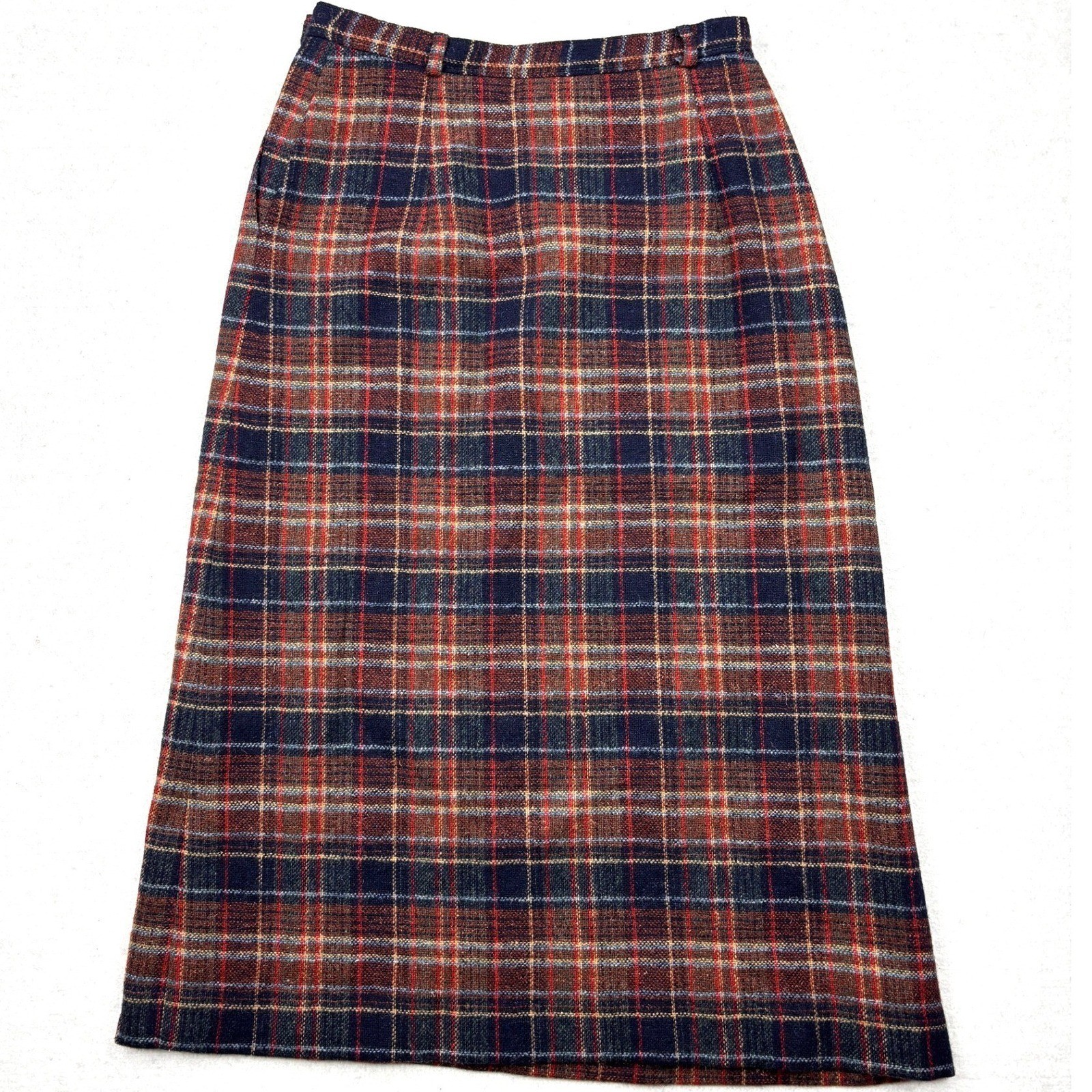 Vintage Pendleton Tartan Plaid Wool Midi Skirt Size 6 26 Waist Made in USA Lined