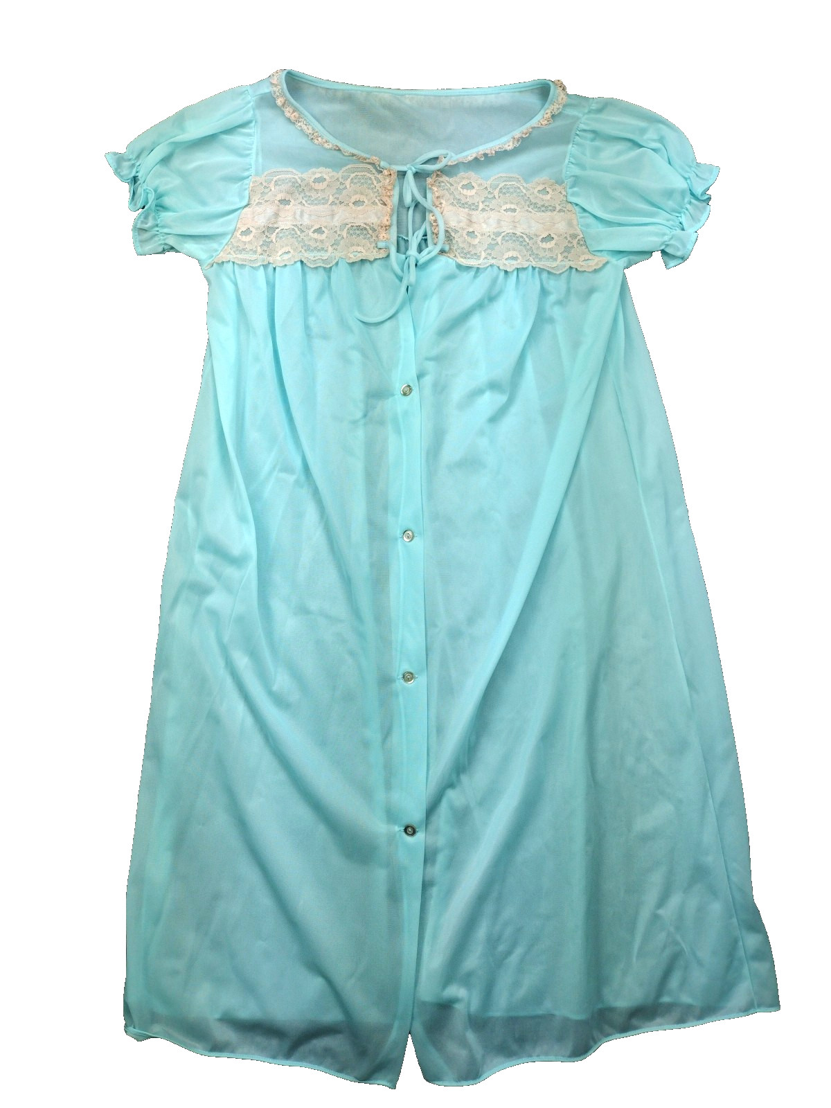 Vtg Chiffon Robe Blue Sheer Fairy Coquette Sz M Baby Doll 100% Nylon W Lace