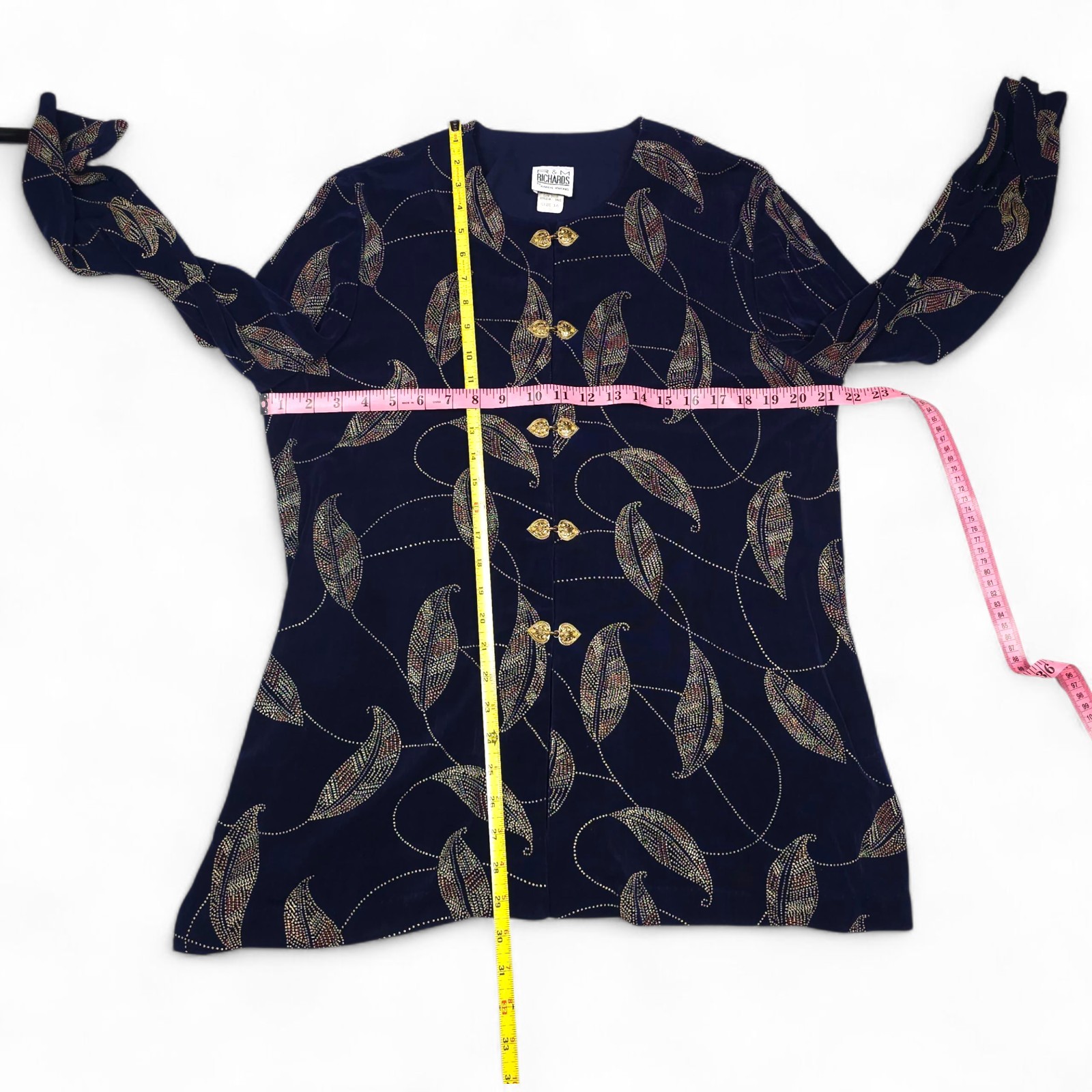 Vintage R&M Richards Karen Kwong Jacket Navy Gold Leaf Heart Clasp 90s Sz 16
