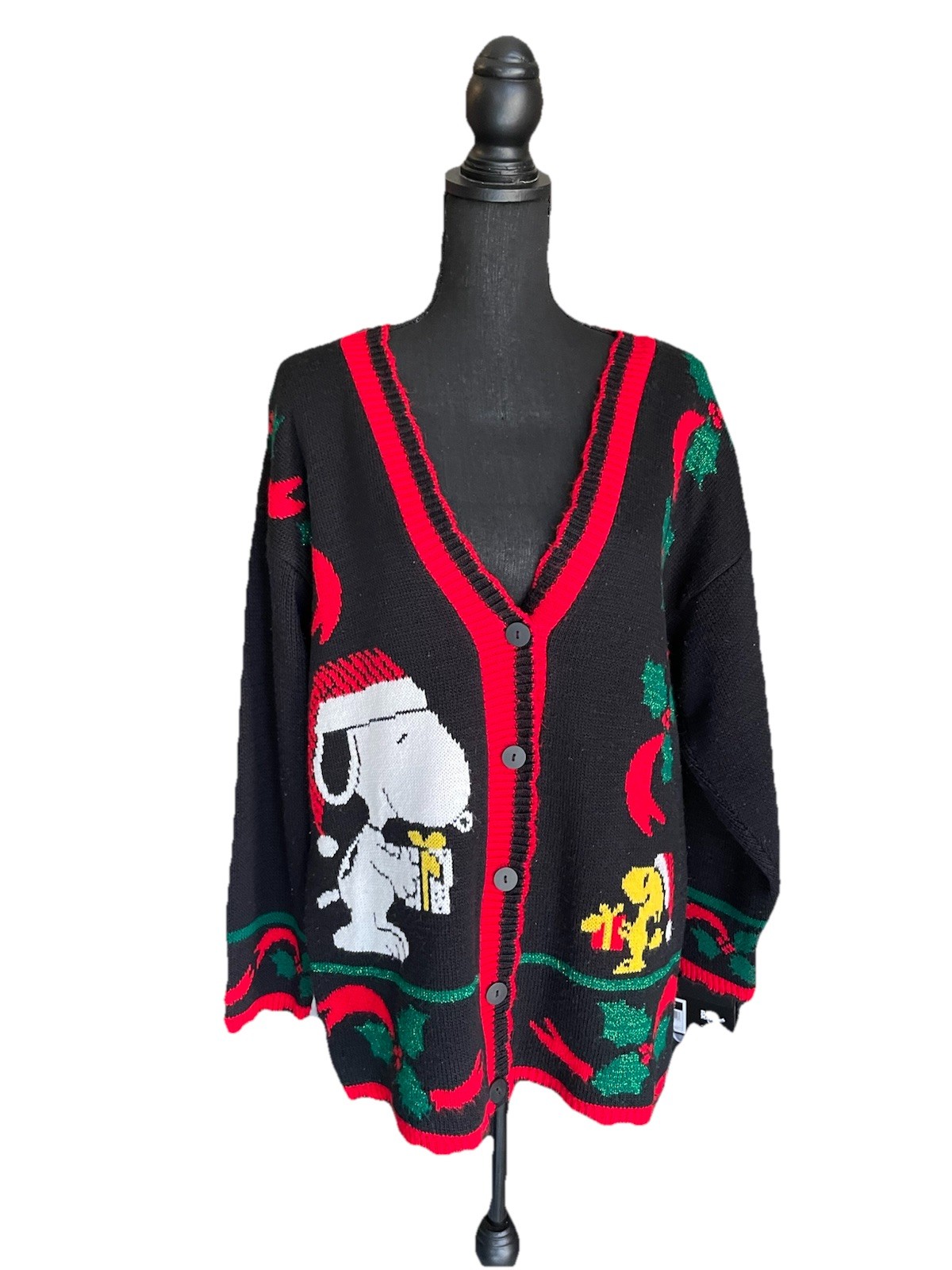 VTG Snoopy And Friends Cardigan Sweater Womens Small Christmas Oversized Retro