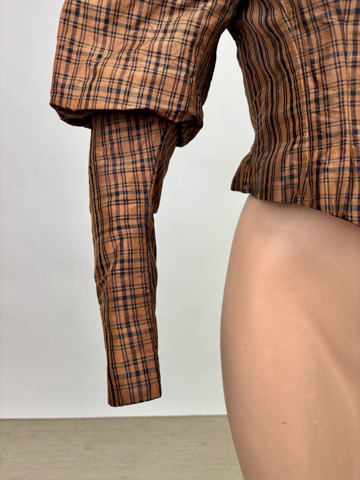 Antique Victorian 1890 Jacket Bodice Leg of Mutton Sleeve Brown Black Plaid Silk