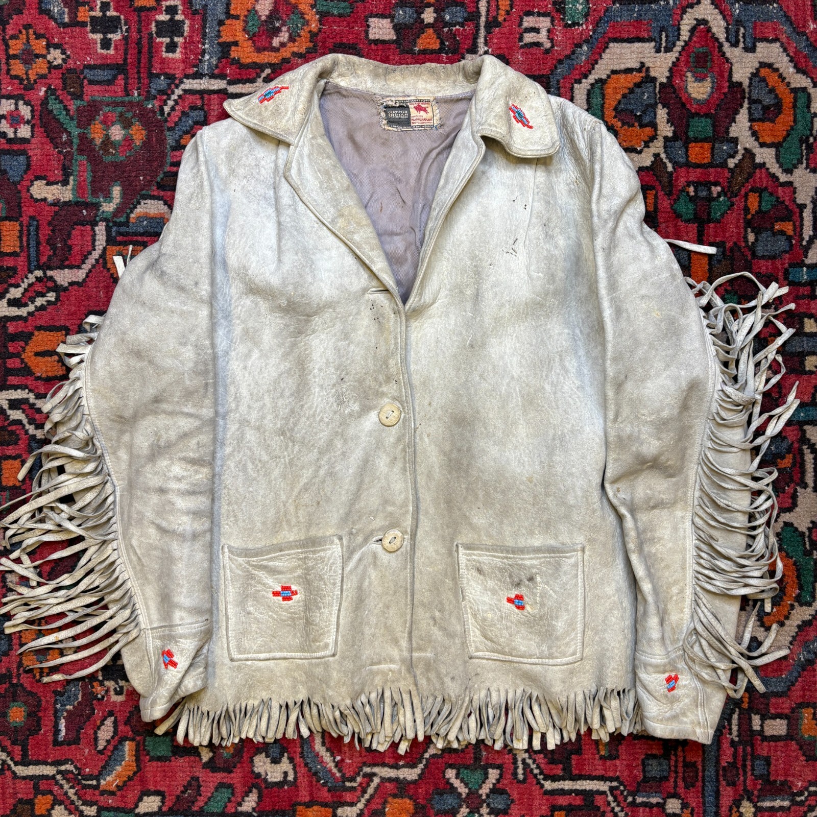 1950s True Vintage Native Beaded Fringe Sheepskin Leather Jacket L