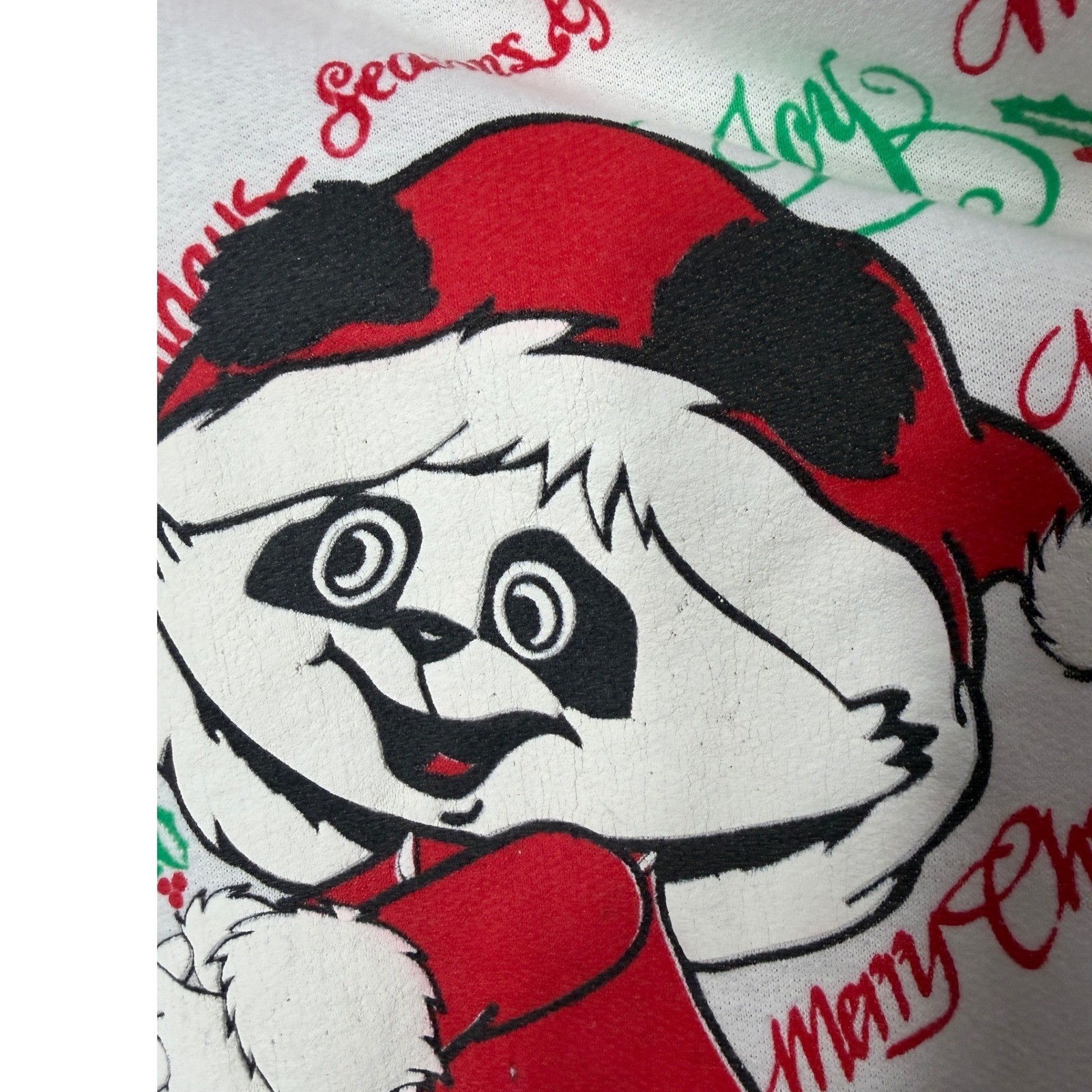 Vintage Christmas Panda Graphic Sweatshirt White Red Green Holiday Pullover L