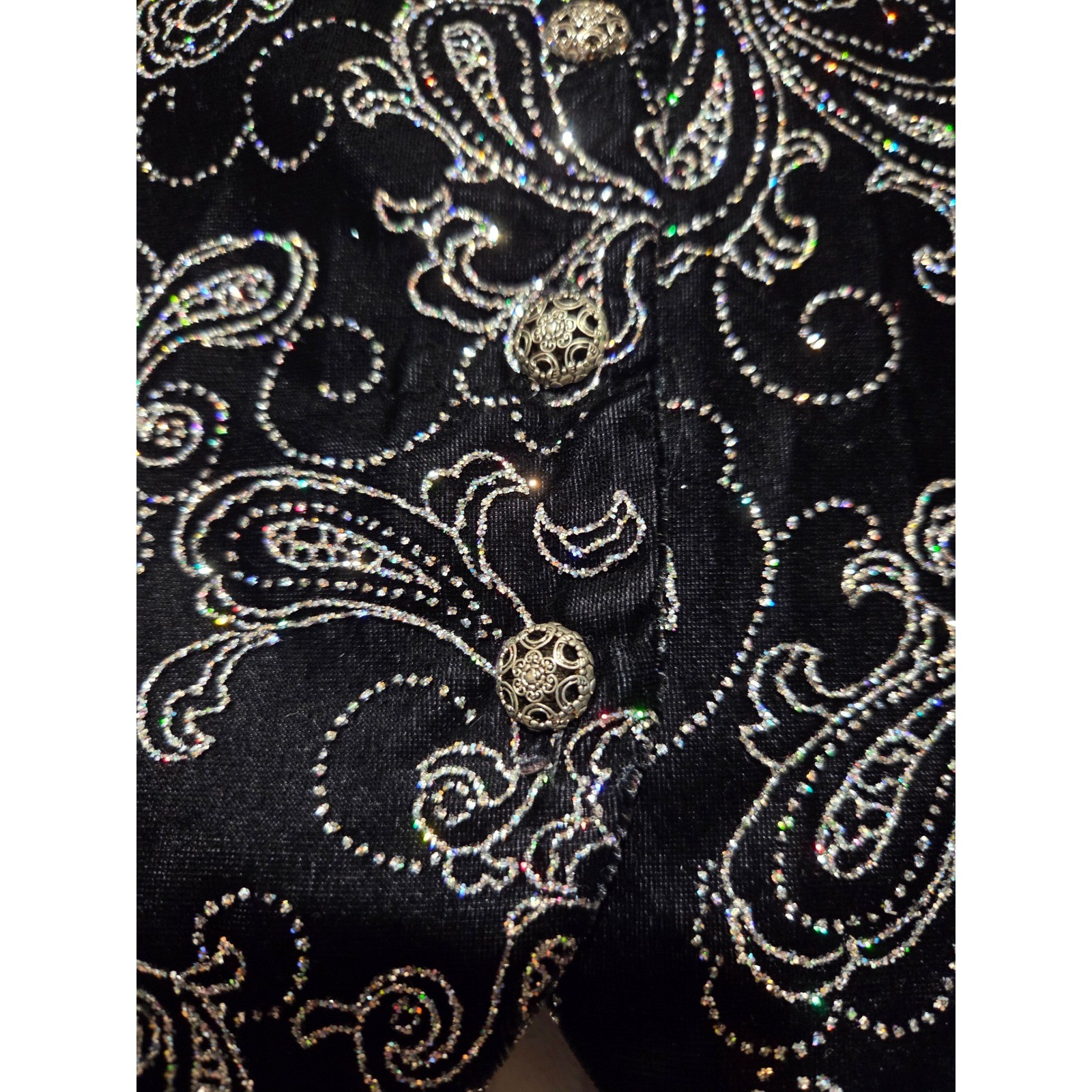 Miz California Vintage Velvet Paisley Glitter Vest Black Silver Button M