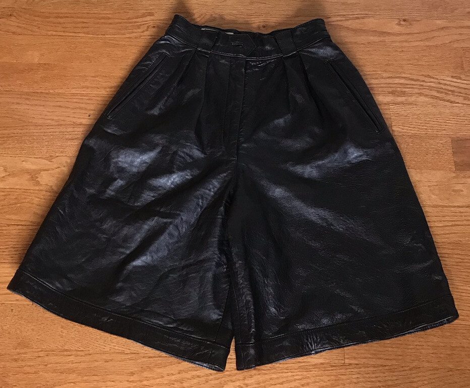 Vintage 1980s Cedars Erez Levy Black High Waist Leather Cuffed Shorts 4
