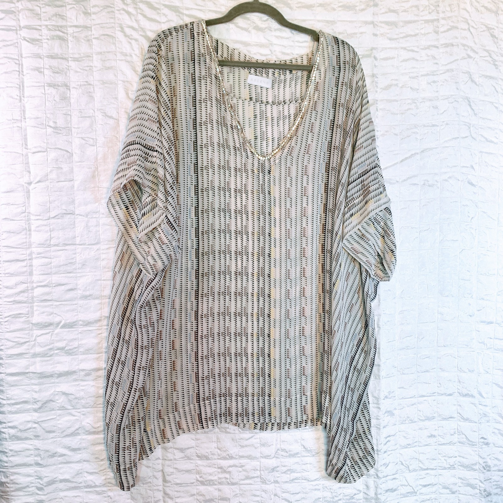 ASCENO London 100% Silk Catan Kaftan Top Cover Up Rhinestone V-Neck One Size OS