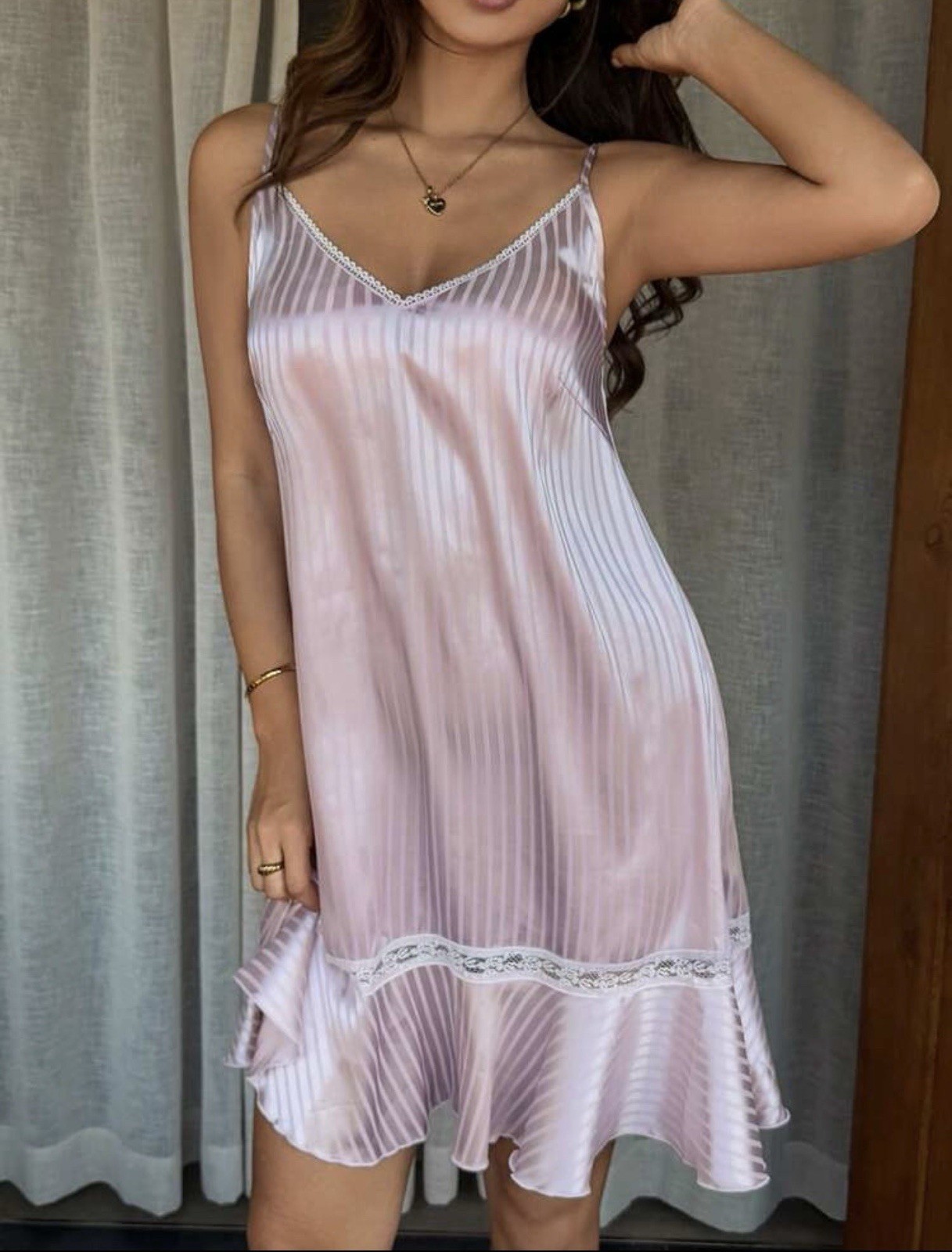 Glossy Stripes 2nd Skin Satin Babydoll Cami Nightdress Dress Nightgown L NEW