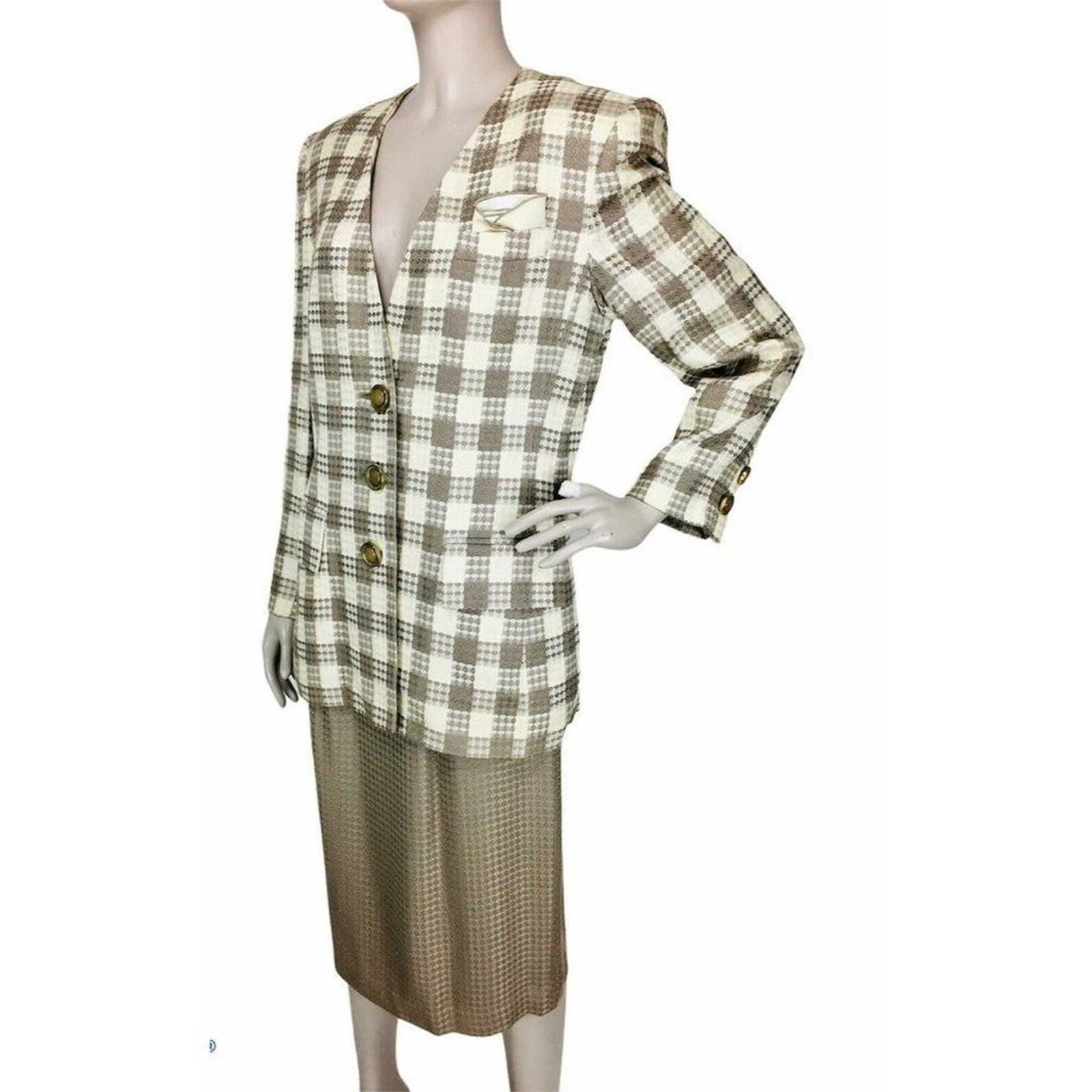 Vintage 80’s High Shoulder Tweed Houndstooth Blazer & Pencil Skirt Business Suit