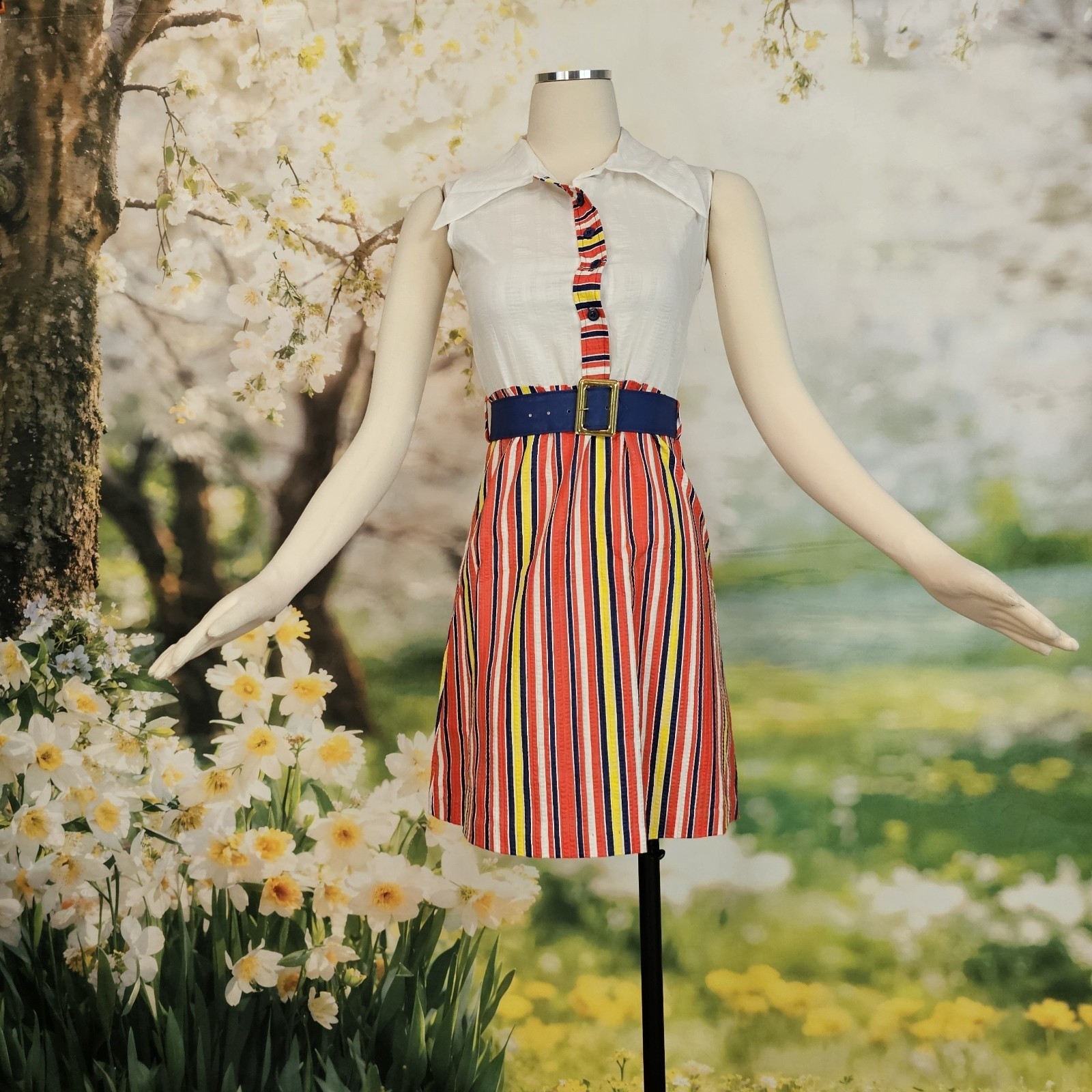 Vintage 1970s Dress Sleeveless Minidress White Button Up Pointed Collar Striped
