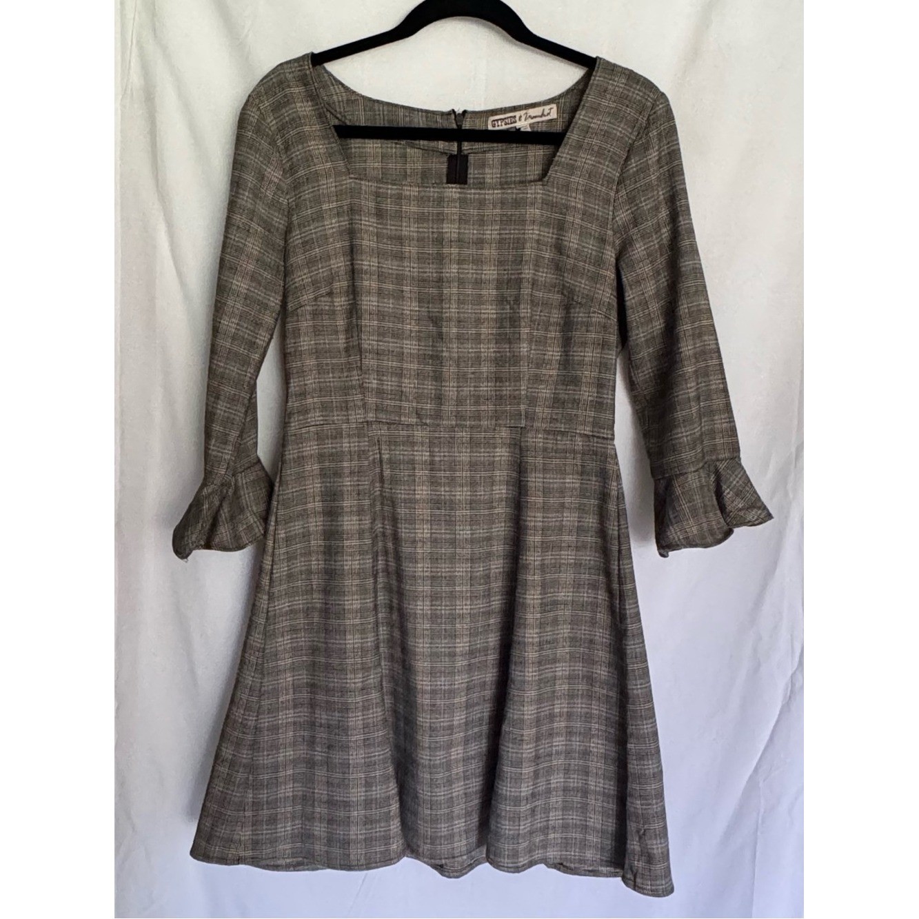 Gypsies & Moondust Plaid Square Neck Mini Dress – Bell Sleeve – Size M