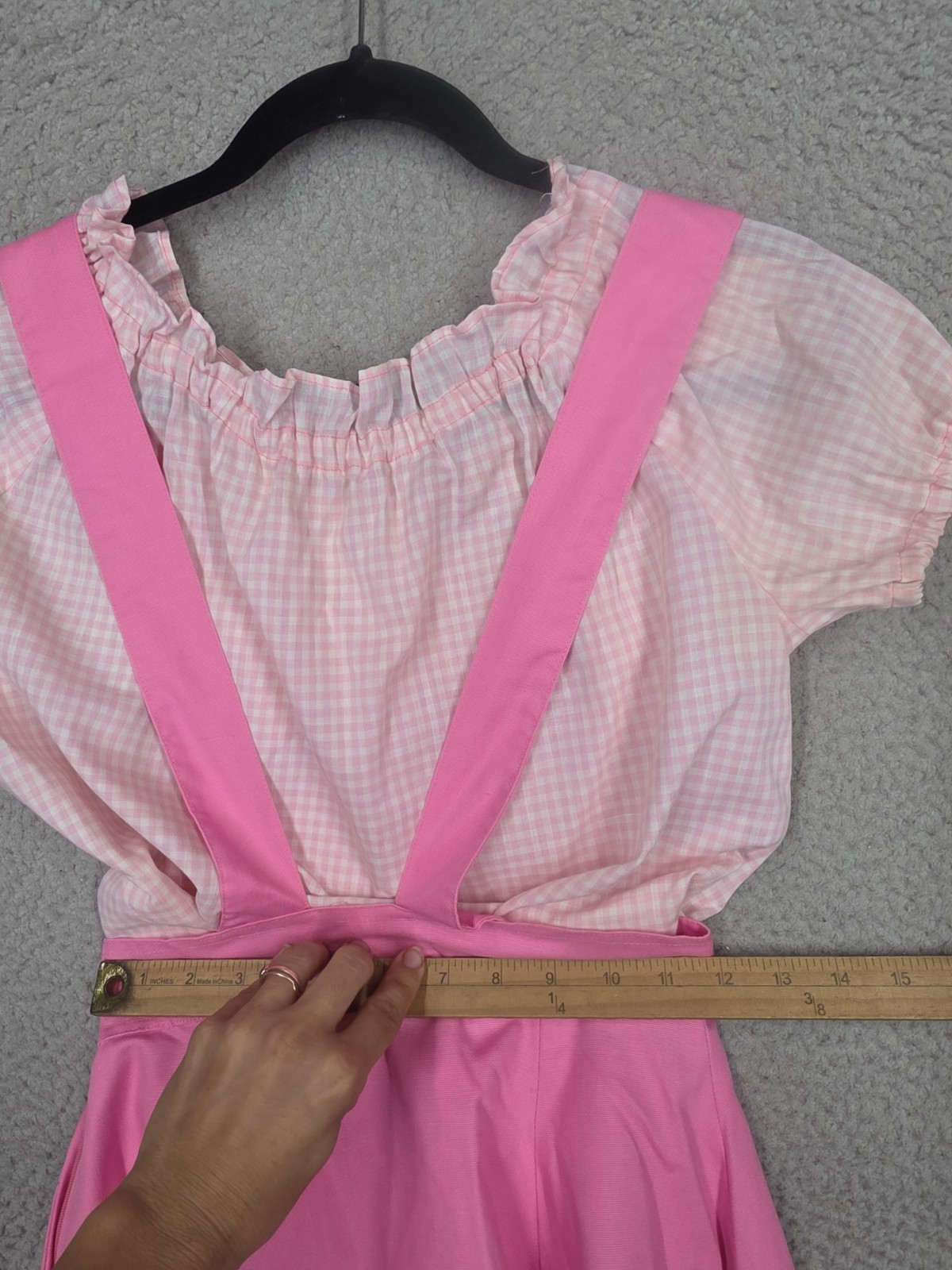 Vintage 70s Overall Dress Outfit Size 0 XS Pink Gingham Peasant Blouse Teens