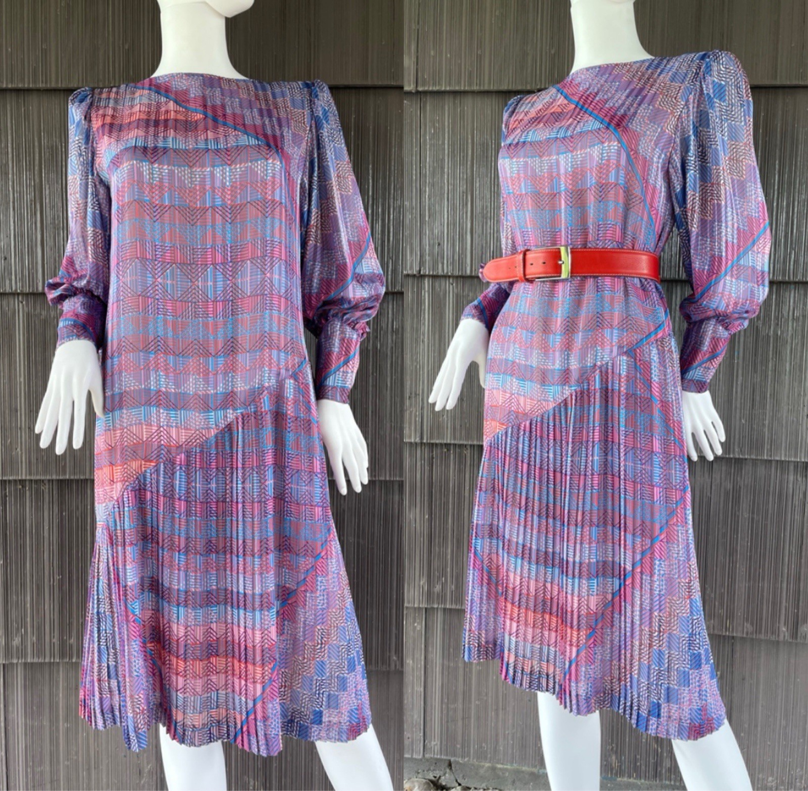 Vintage Hanae Mori Geometric Abstract multicolor Artsy Pleated Midi Dress Sz M