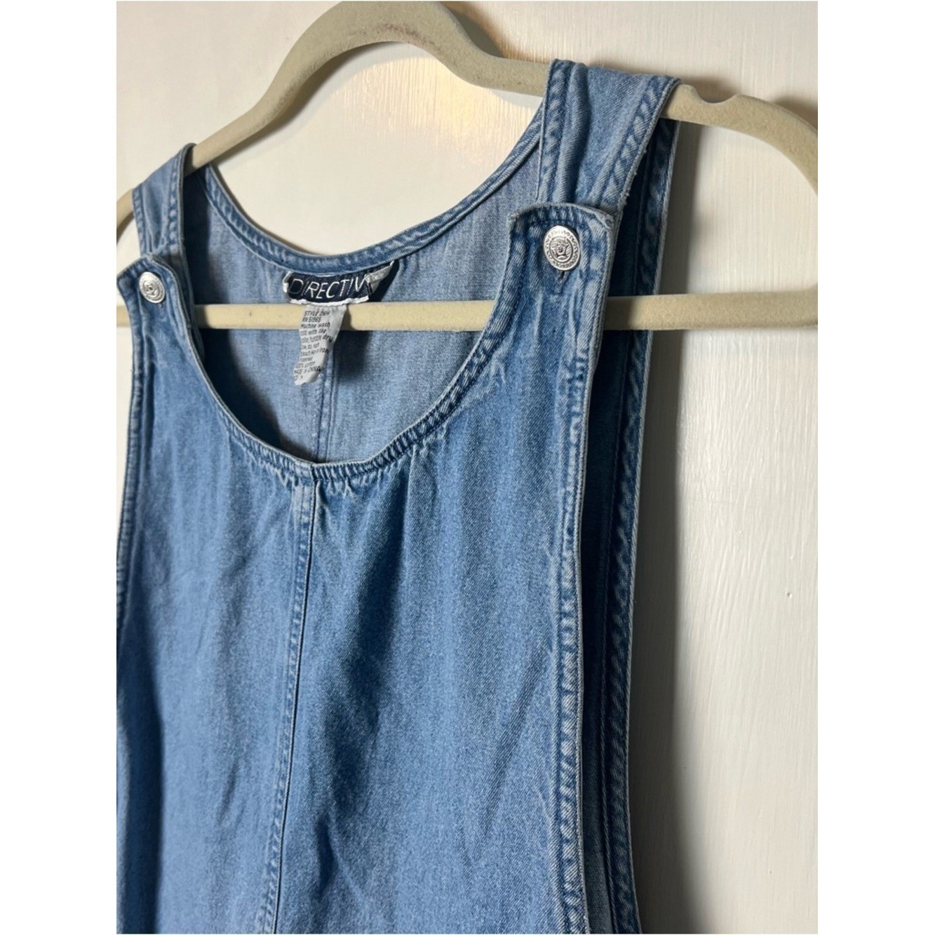Vtg 90s Directives Denim Mini Pinafore Jumper Dress Button Straps Pockets Sz S