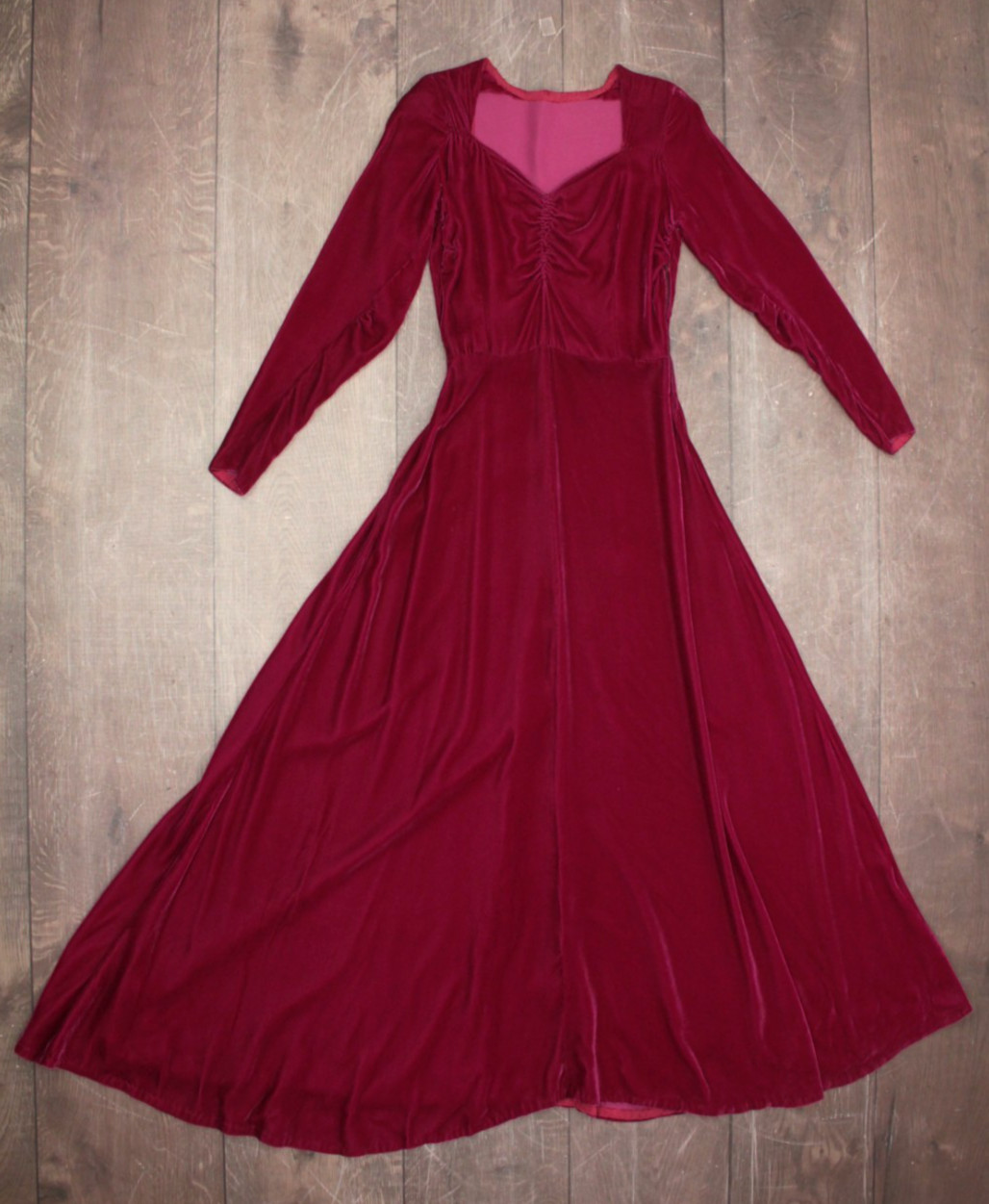 Vtg 30s Dark Fuchsia Velvet Maxi Dress W/ Ruched Bust & Sleeves Sz S 1930s