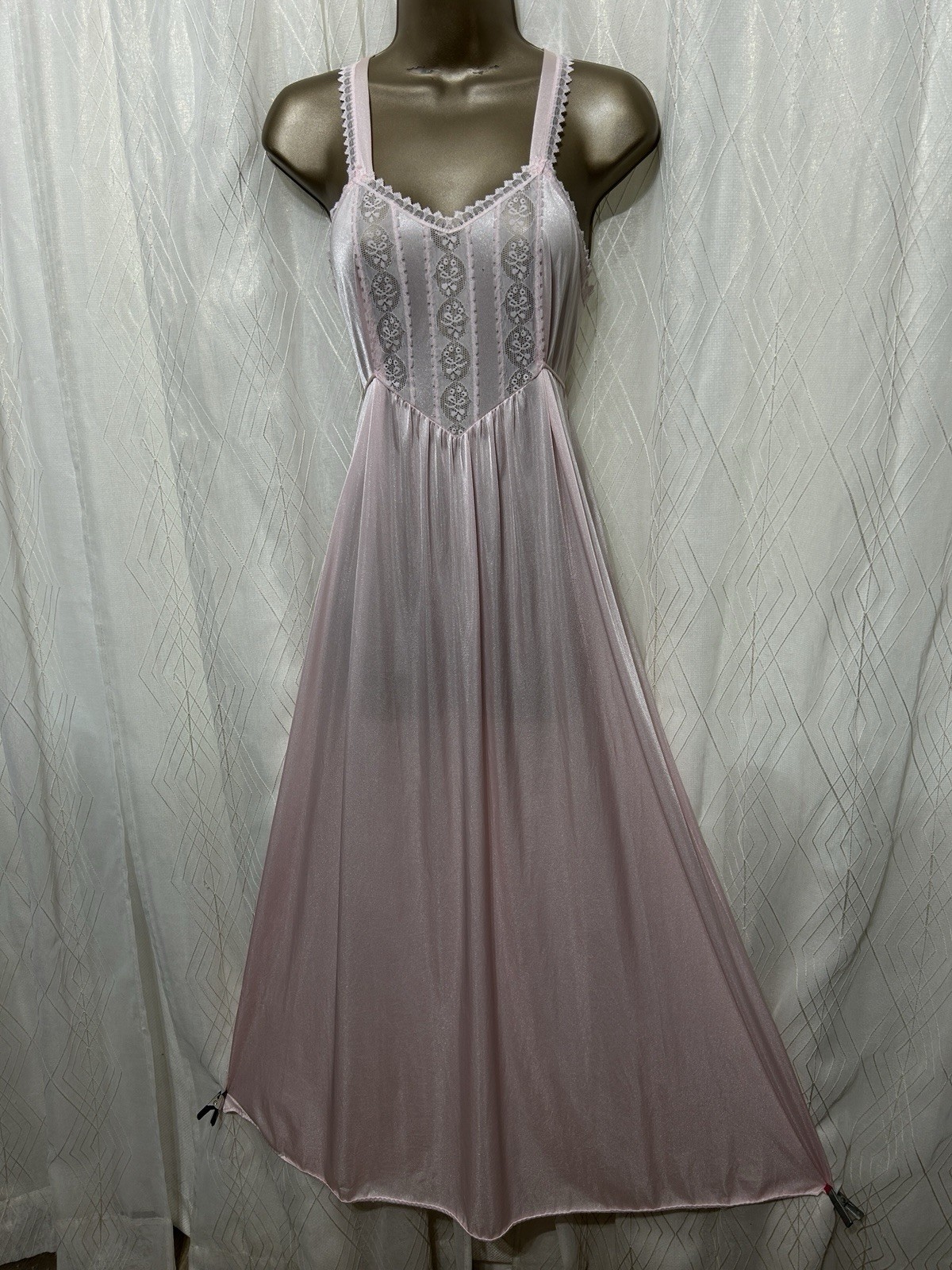 VTG M L Deena Nightgown Sweetest Pink Shiny Nylon sheer Lace Gown Wide straps