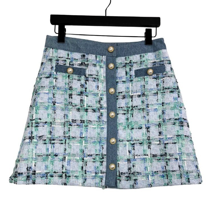 NWT Nanette Lepore Tweed A-Line Mini Skirt Blue Multi Pearl Button Sz 2 Parisian