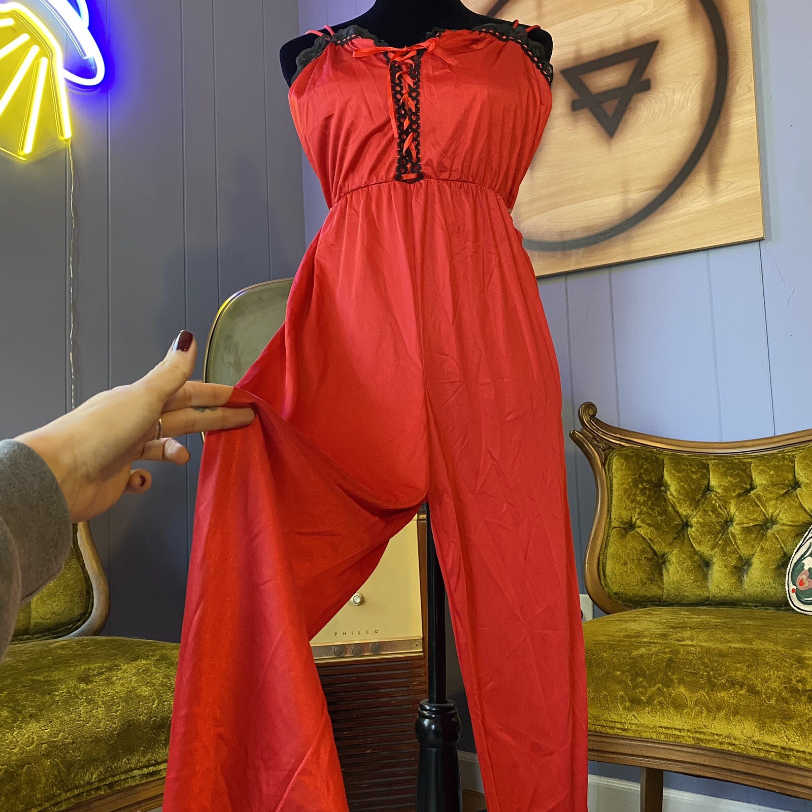 Vintage 70s Lady Cameo Lingerie Harley Quinn Red and Black Lace Nylon Jumpsuit