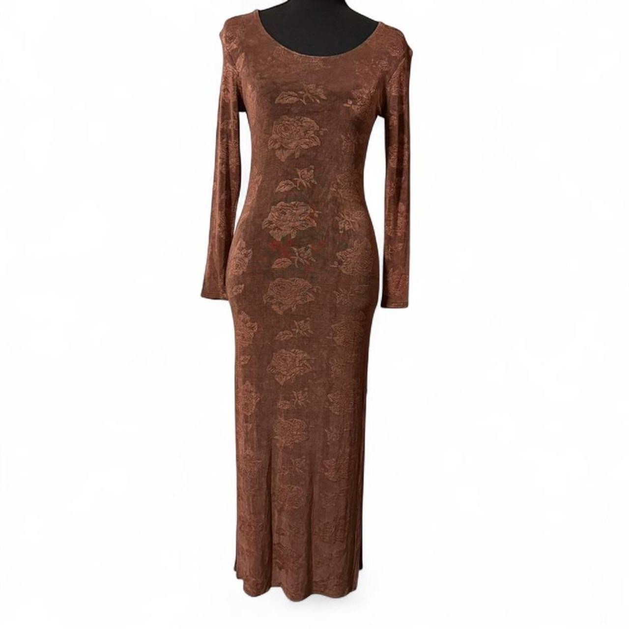 vintage brown floral jacquard print stretchy slit maxi dress club 21 Size L