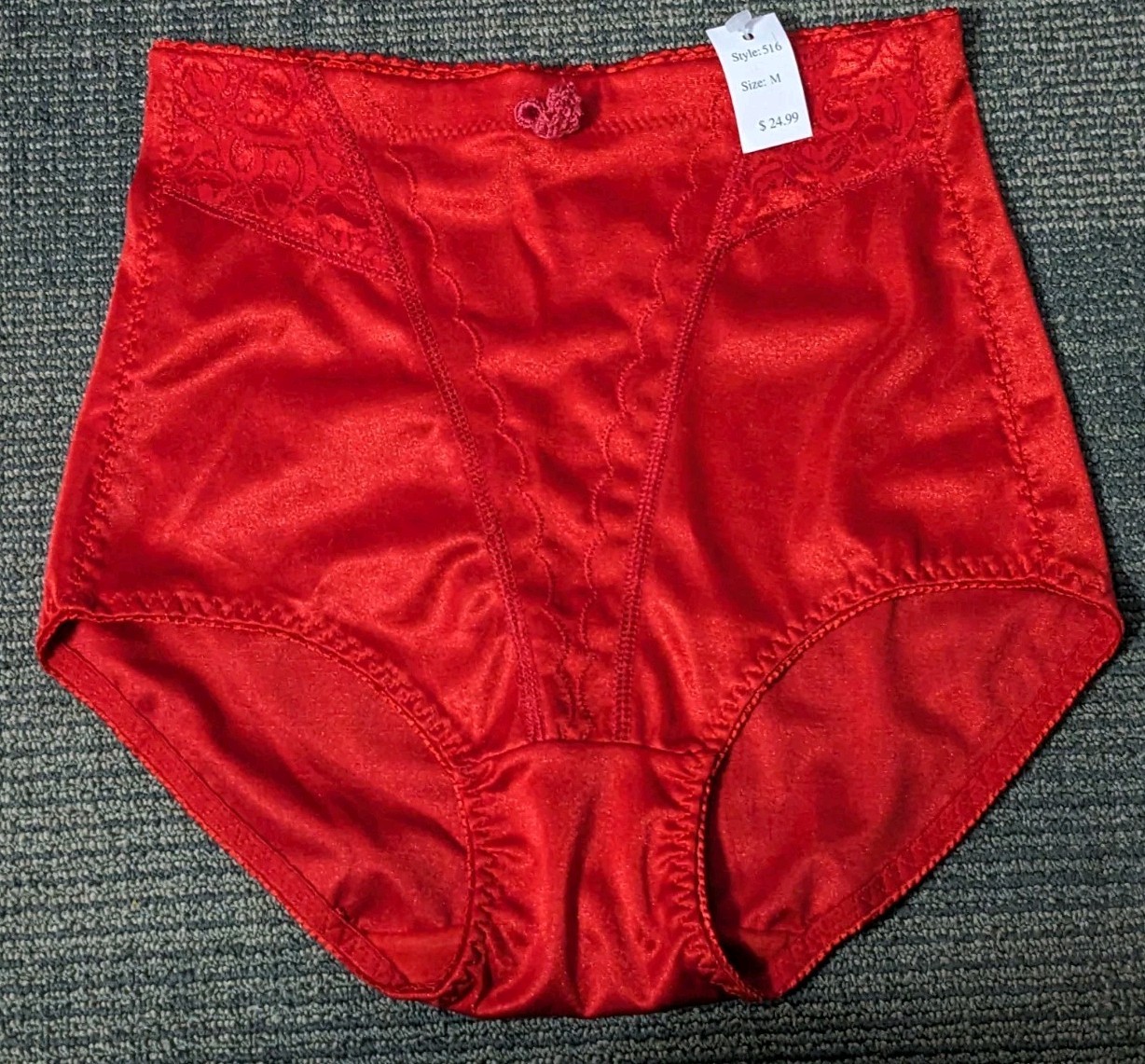 NWT Vtg Medium Red Brief Panties Silky Shiny High Cut Lace Shaping Donna Loren