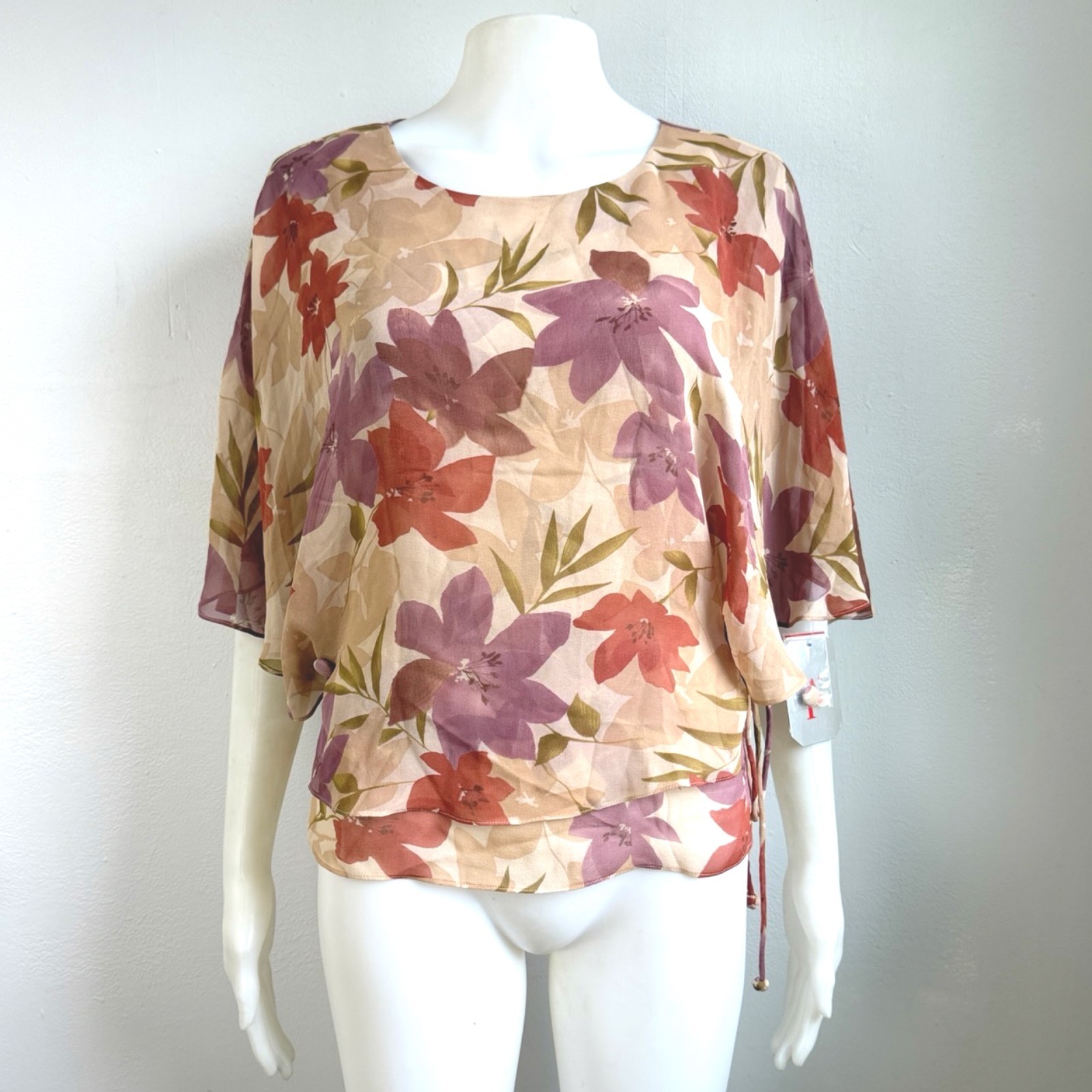 Vintage 100% Silk Floral Skirt Top Set Size XS/Small 6 Two Piece Outfit Batwing