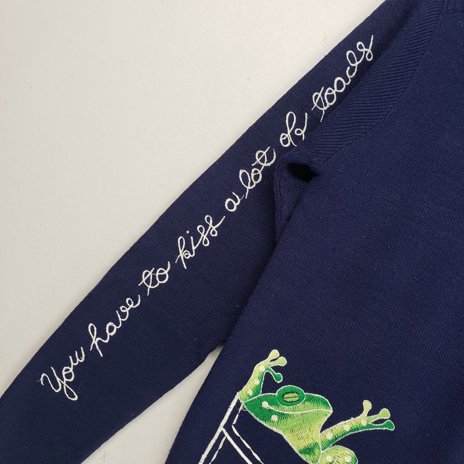 Vintage Cyn Les Shirlee Sweater Womens Size L Blue Retro 1970s Embroidered Frogs