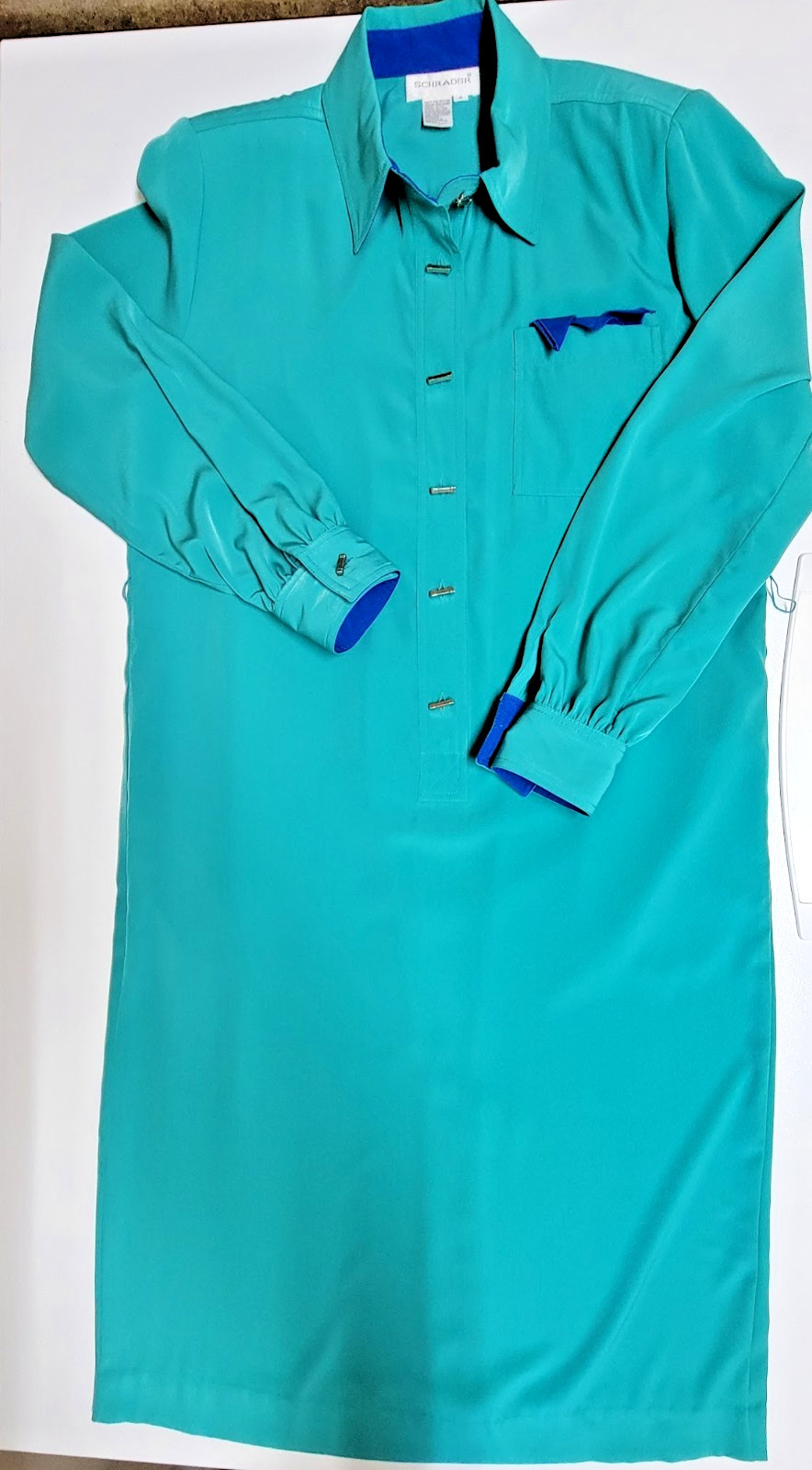 Vtg SCHRADER Shirt DRESS Sz 8 Emerald Green Long Sleeve Pockets Belt Half Button