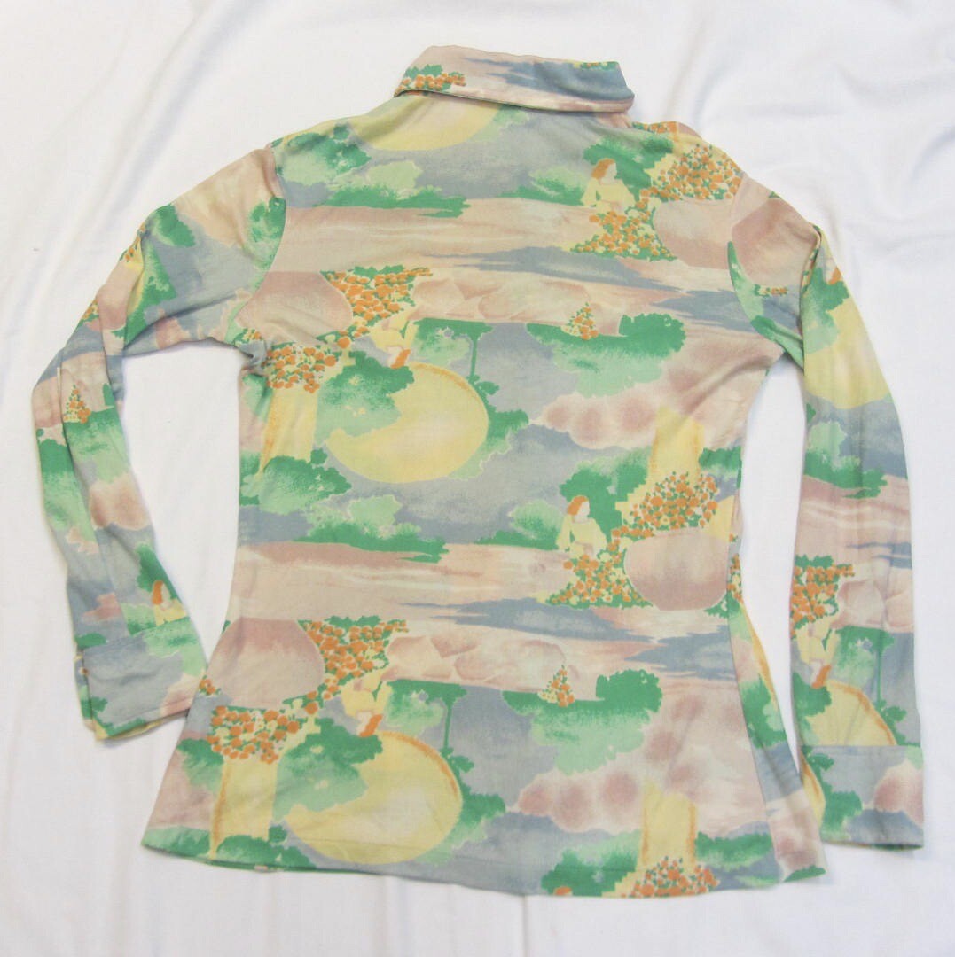 Vintage 1970s Stretchy Button Up Blouse Size 11/12 Green Yellow Blue Watercolor