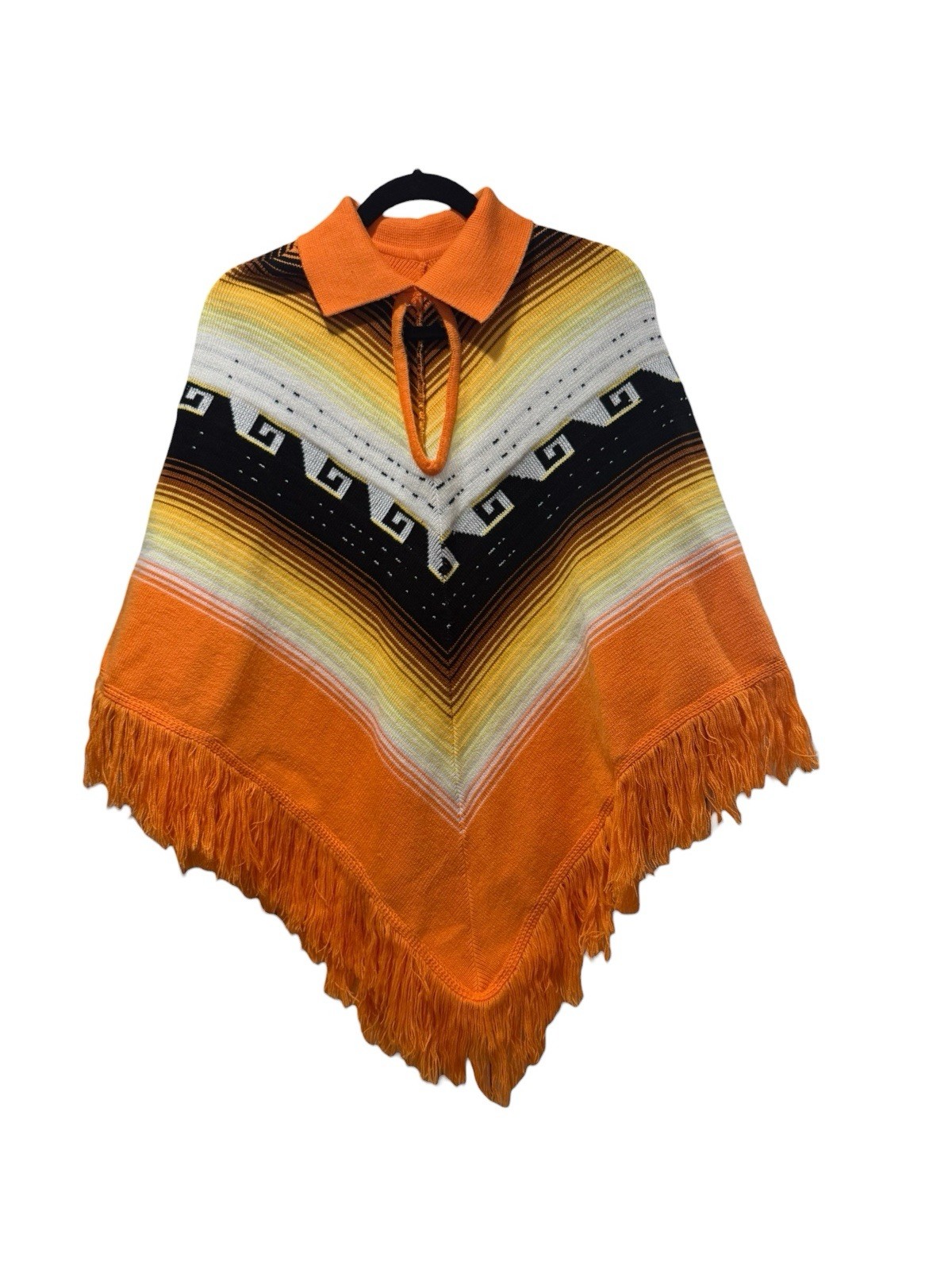Vintage 1970s Orange Black White Collared Fringed Poncho One Size